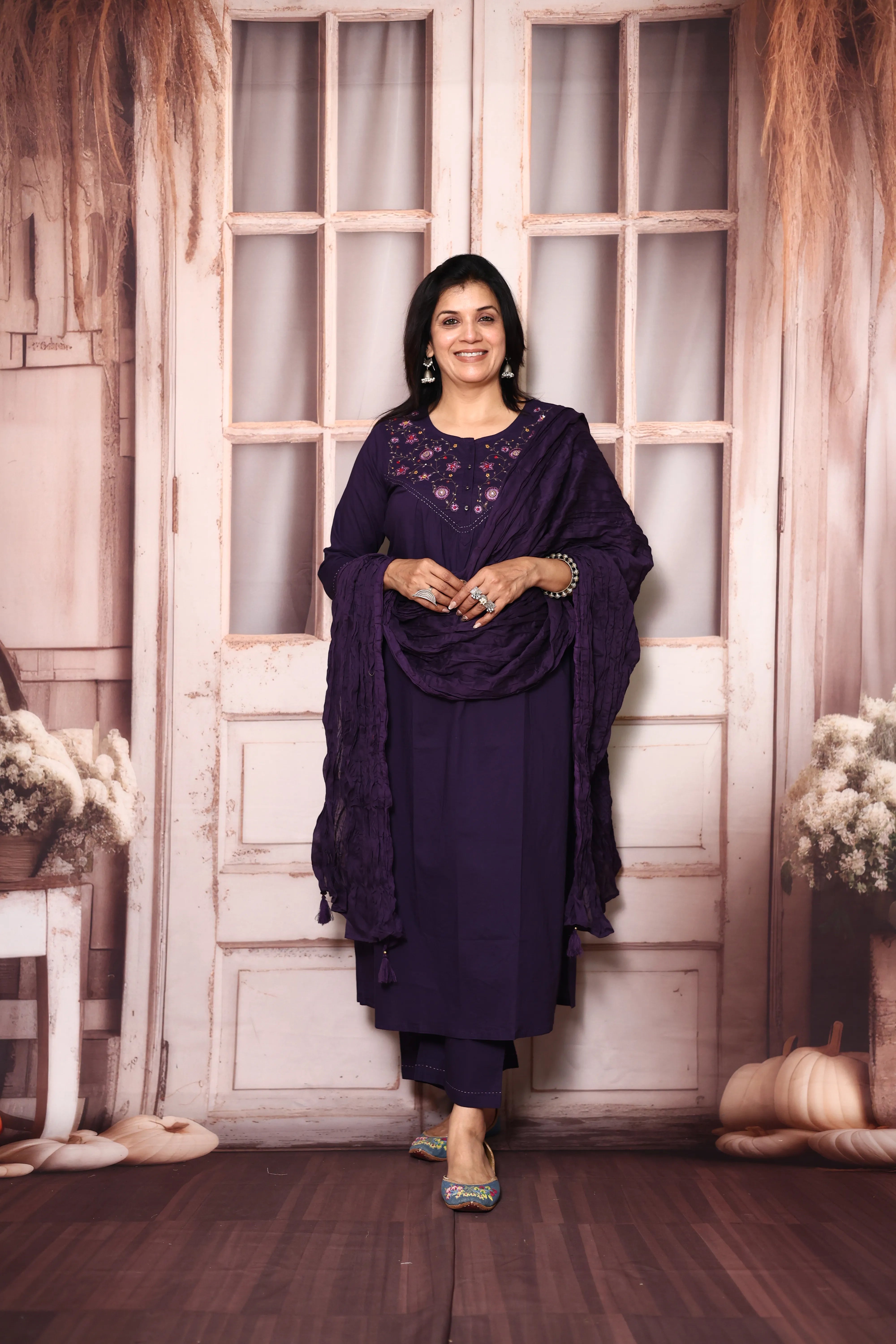 Dark Purple Mul Cotton Dupatta Set with Floral Thread Embroidery |Plus Sizes Available