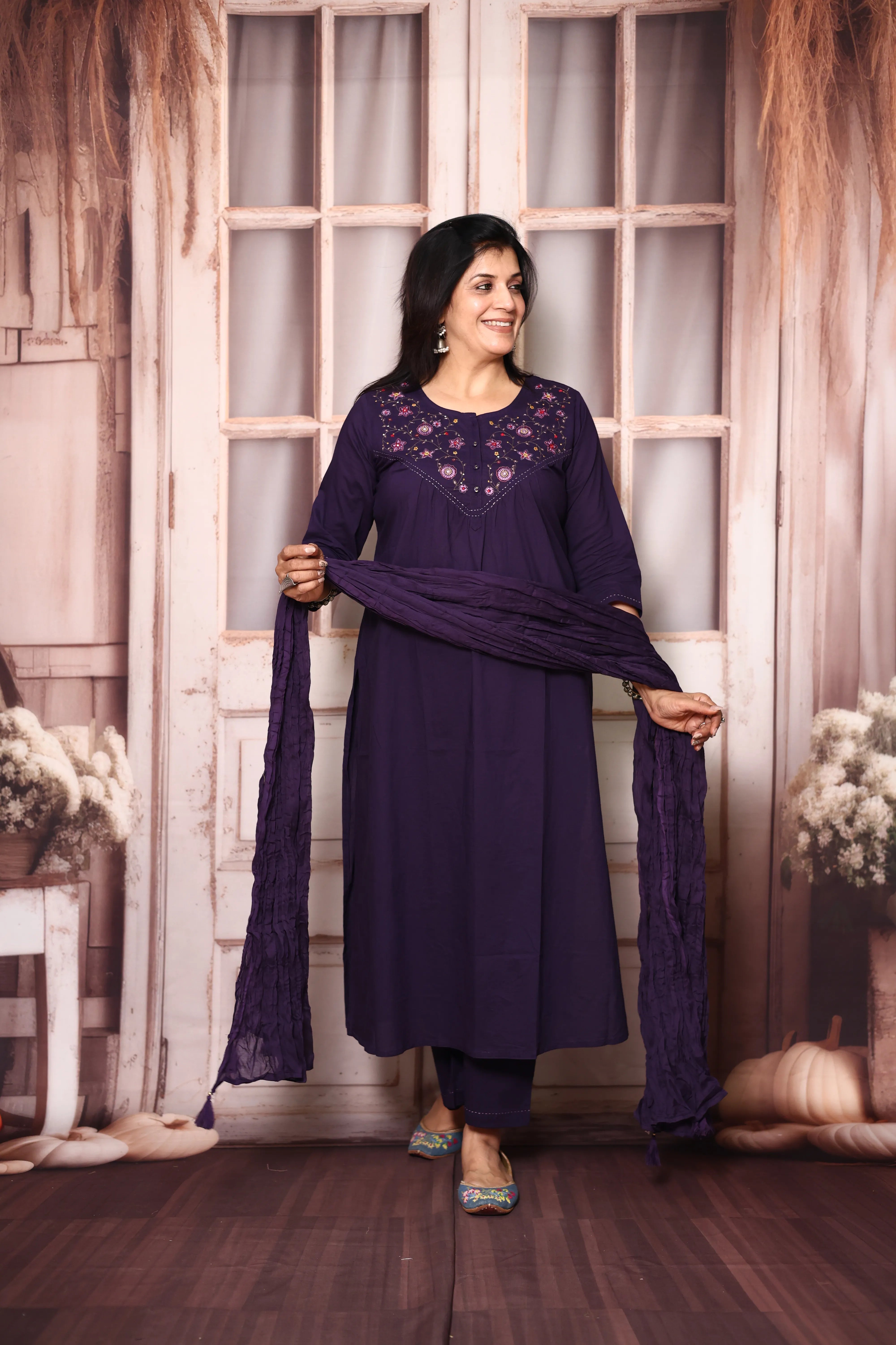 Dark Purple Mul Cotton Dupatta Set with Floral Thread Embroidery |Plus Sizes Available
