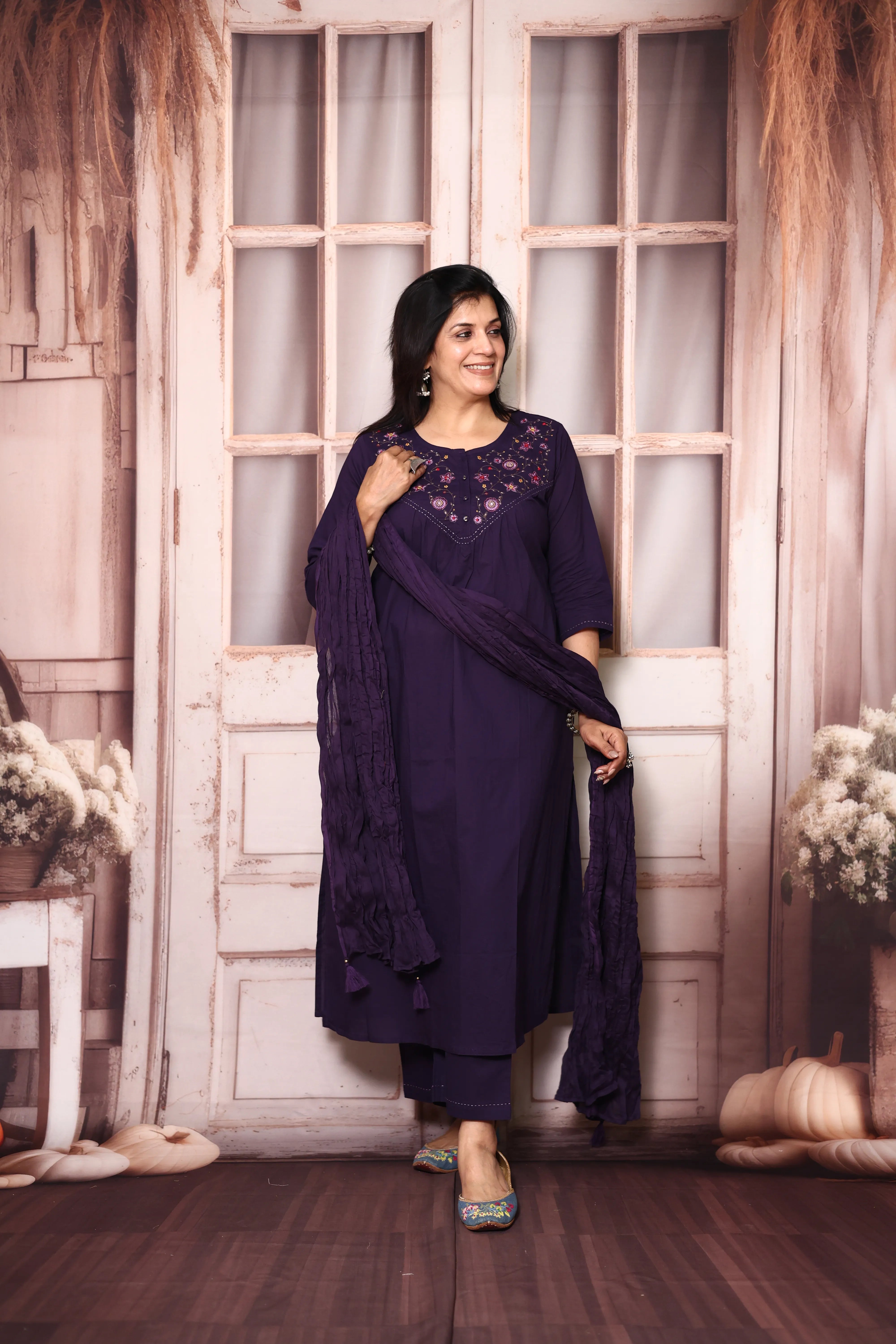 Dark Purple Mul Cotton Dupatta Set with Floral Thread Embroidery |Plus Sizes Available