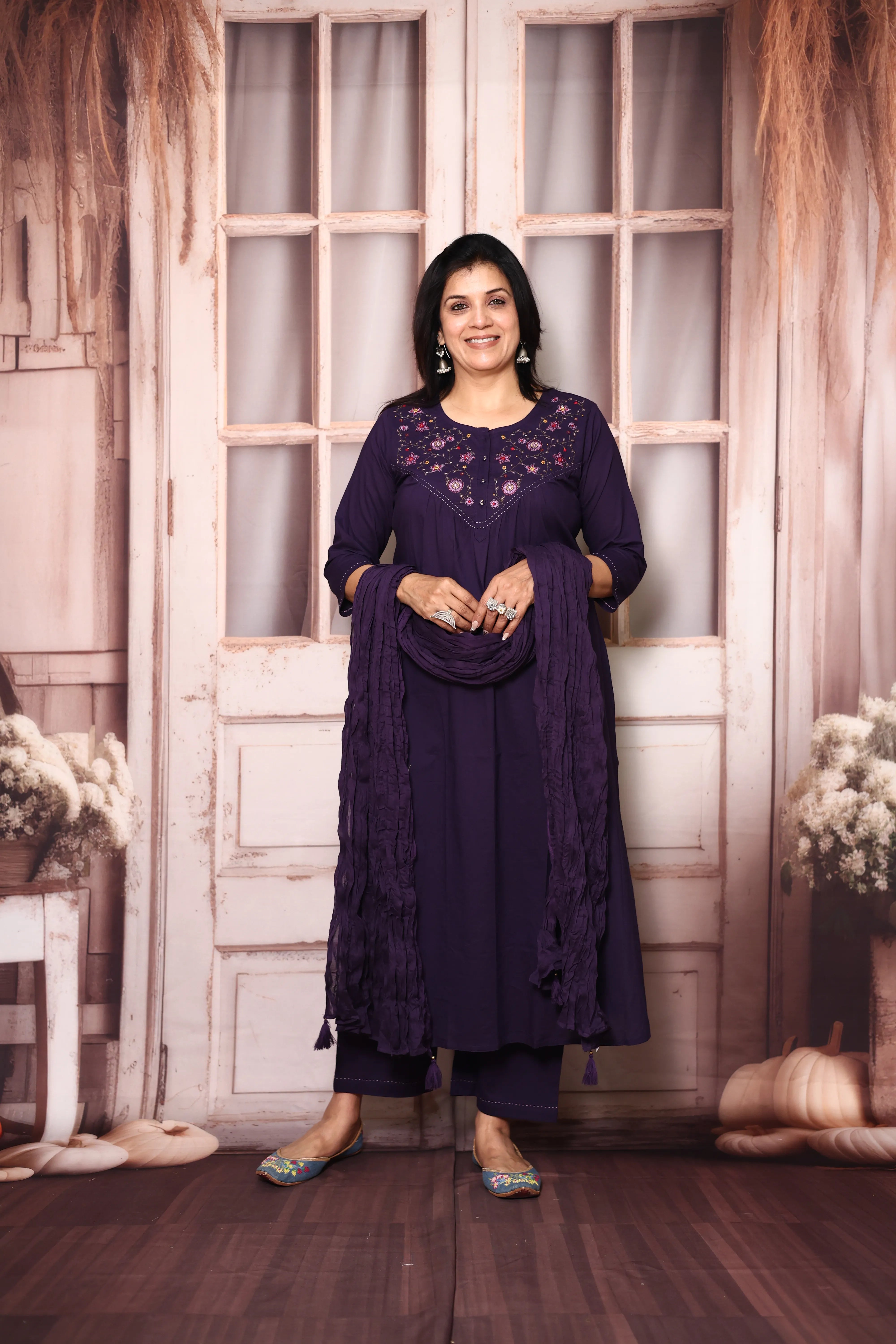 Dark Purple Mul Cotton Dupatta Set with Floral Thread Embroidery |Plus Sizes Available