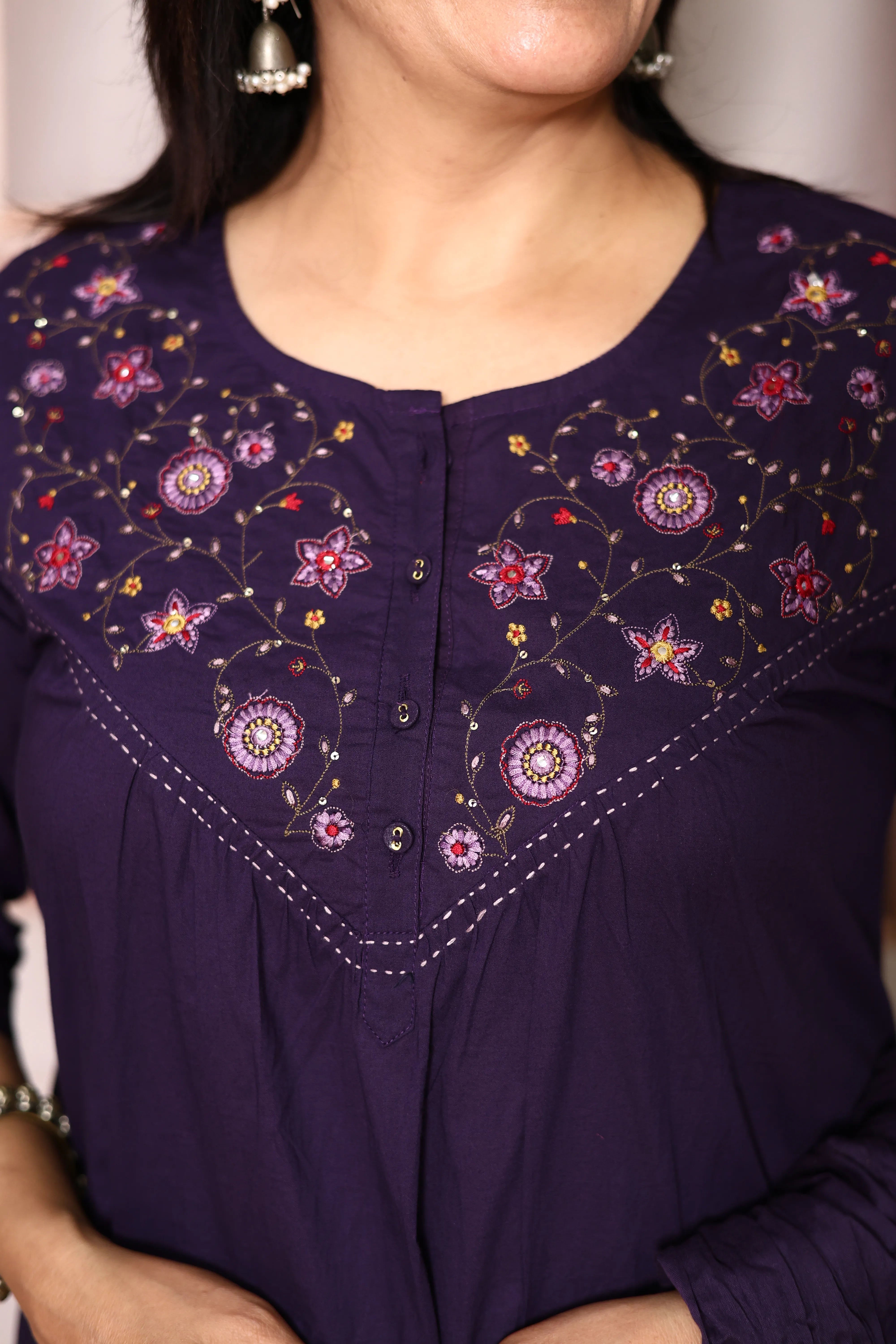 Dark Purple Mul Cotton Dupatta Set with Floral Thread Embroidery |Plus Sizes Available