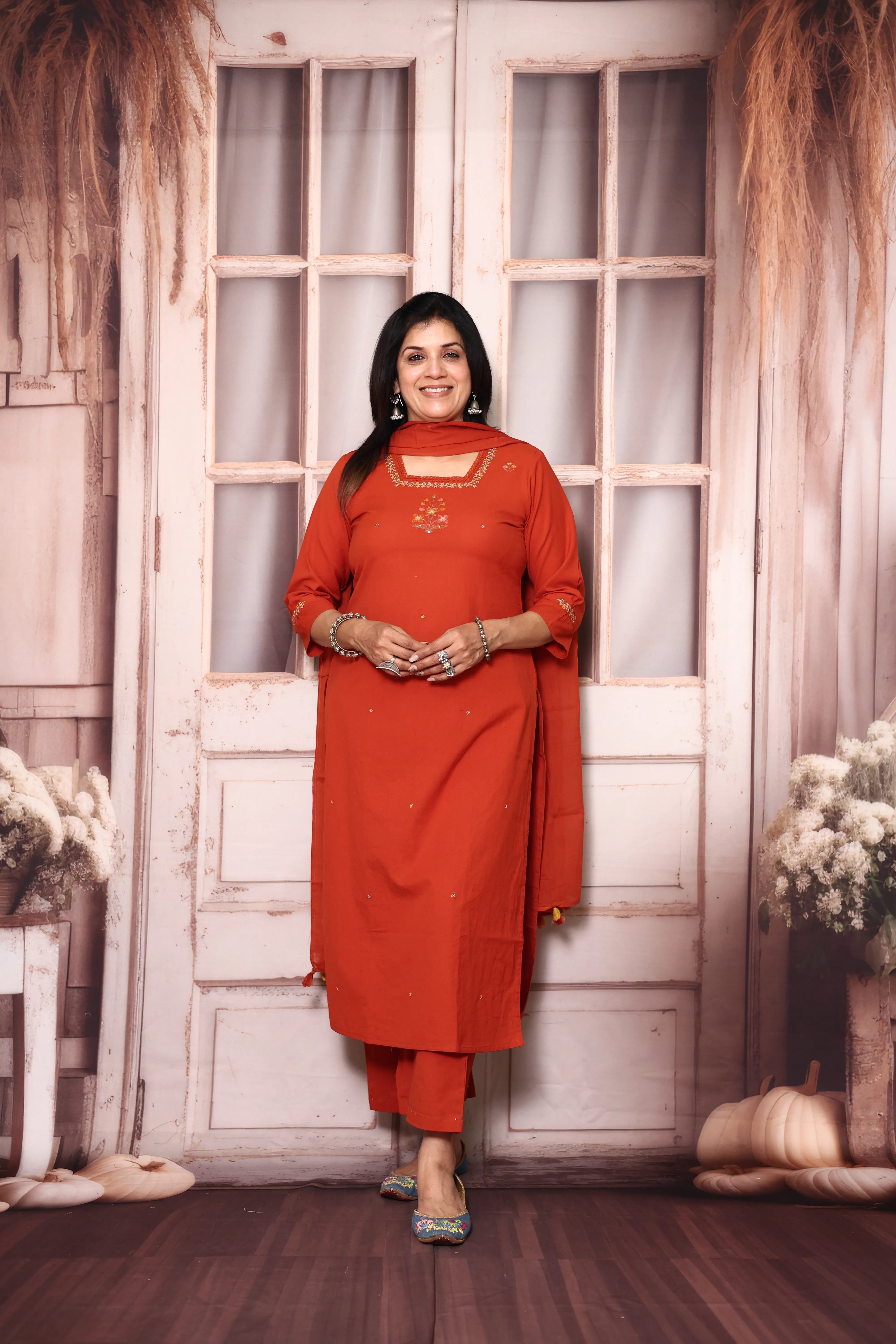 Flame Orange Cotton Dupatta Set with Floral Thread Embroidery | Plus Sizes Available