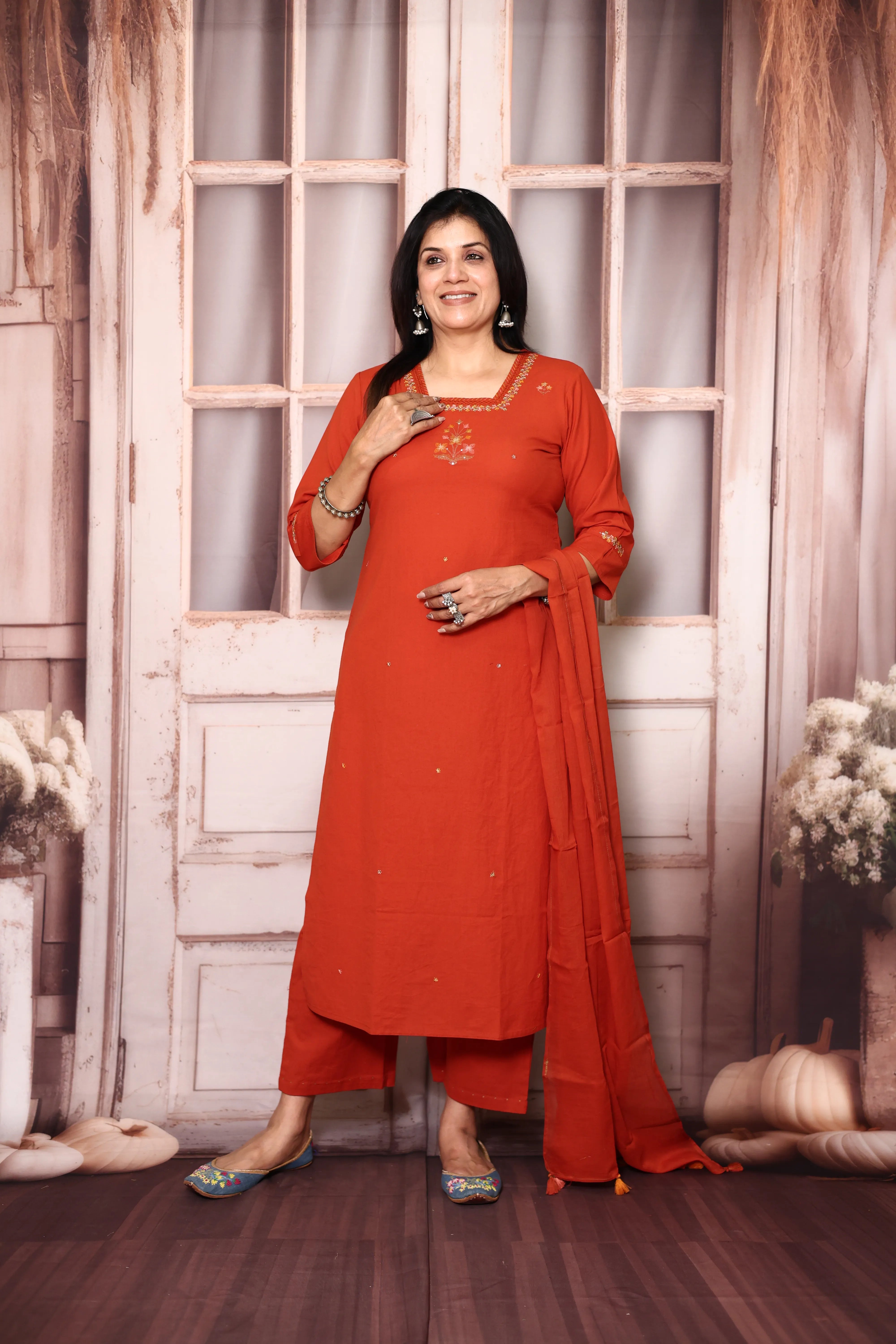 Flame Orange Cotton Dupatta Set with Floral Thread Embroidery | Plus Sizes Available