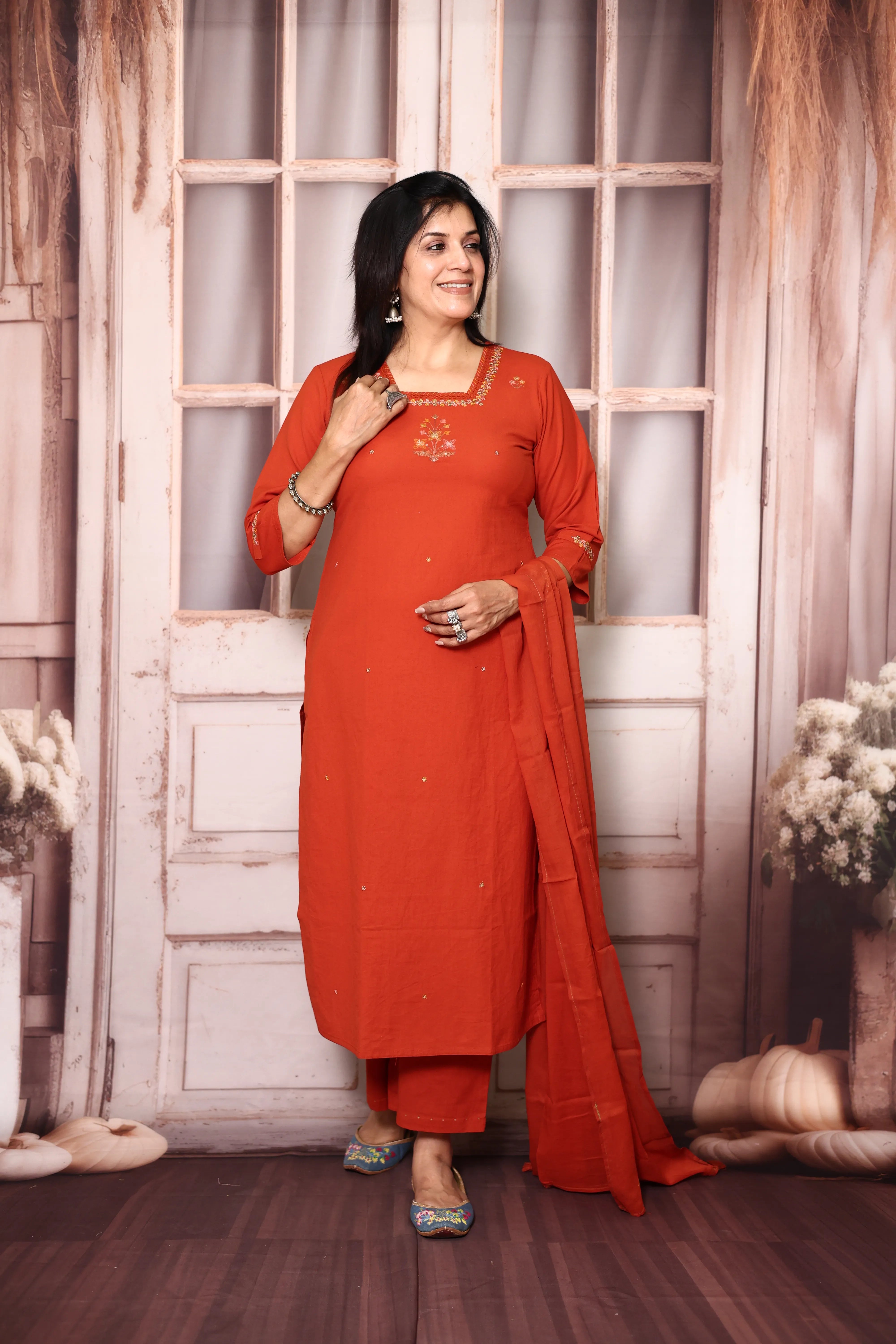 Flame Orange Cotton Dupatta Set with Floral Thread Embroidery | Plus Sizes Available