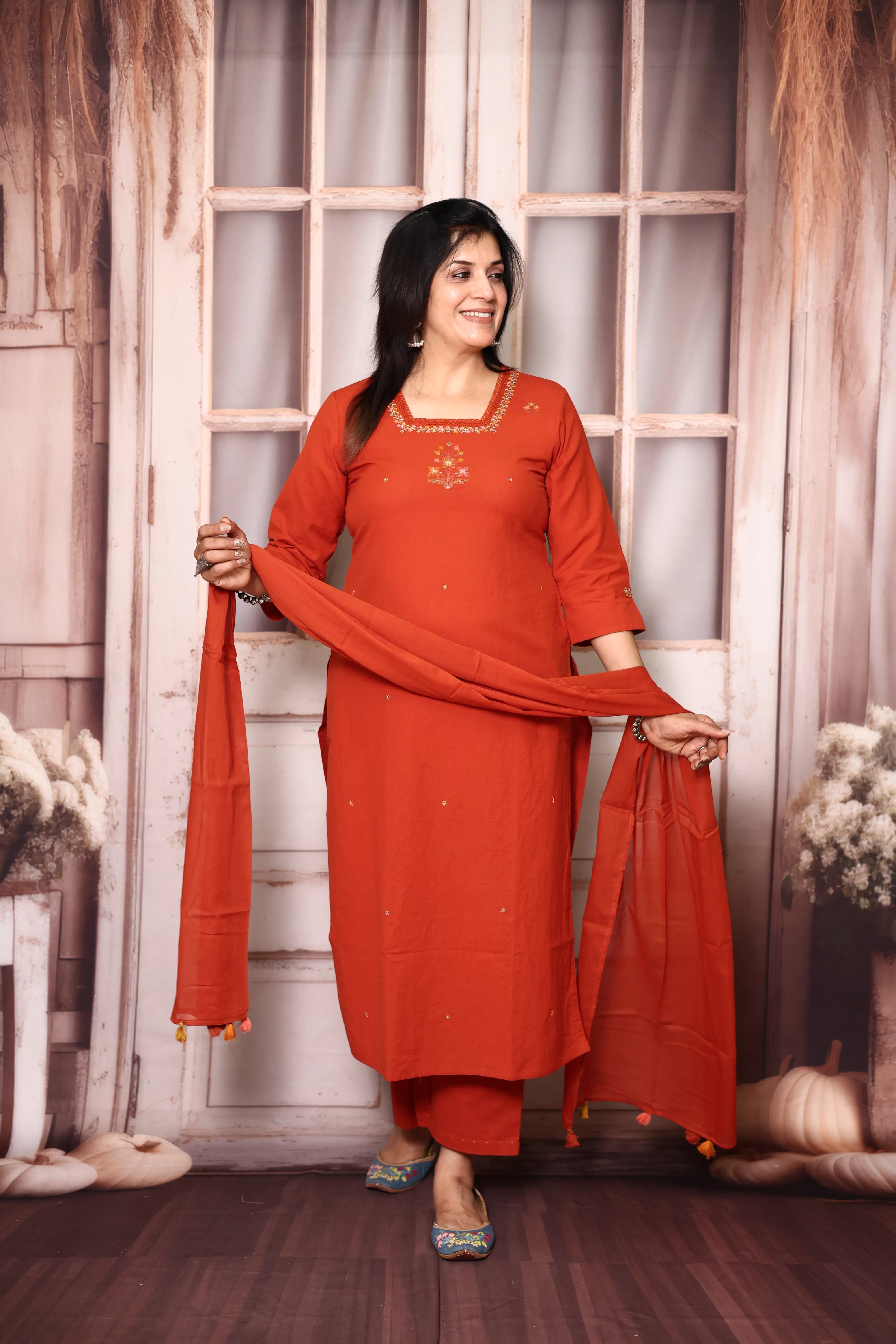 Flame Orange Cotton Dupatta Set with Floral Thread Embroidery | Plus Sizes Available