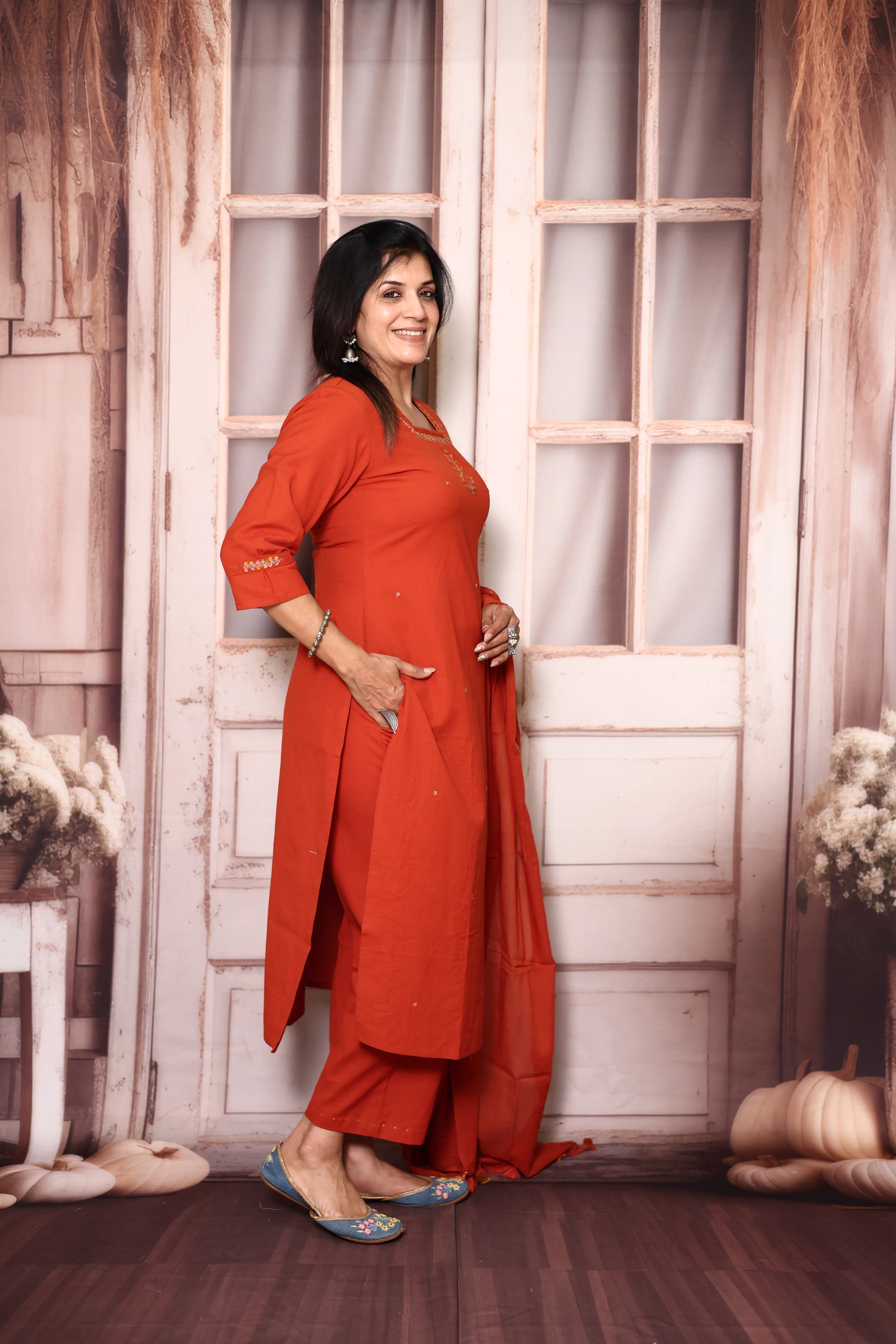 Flame Orange Cotton Dupatta Set with Floral Thread Embroidery | Plus Sizes Available