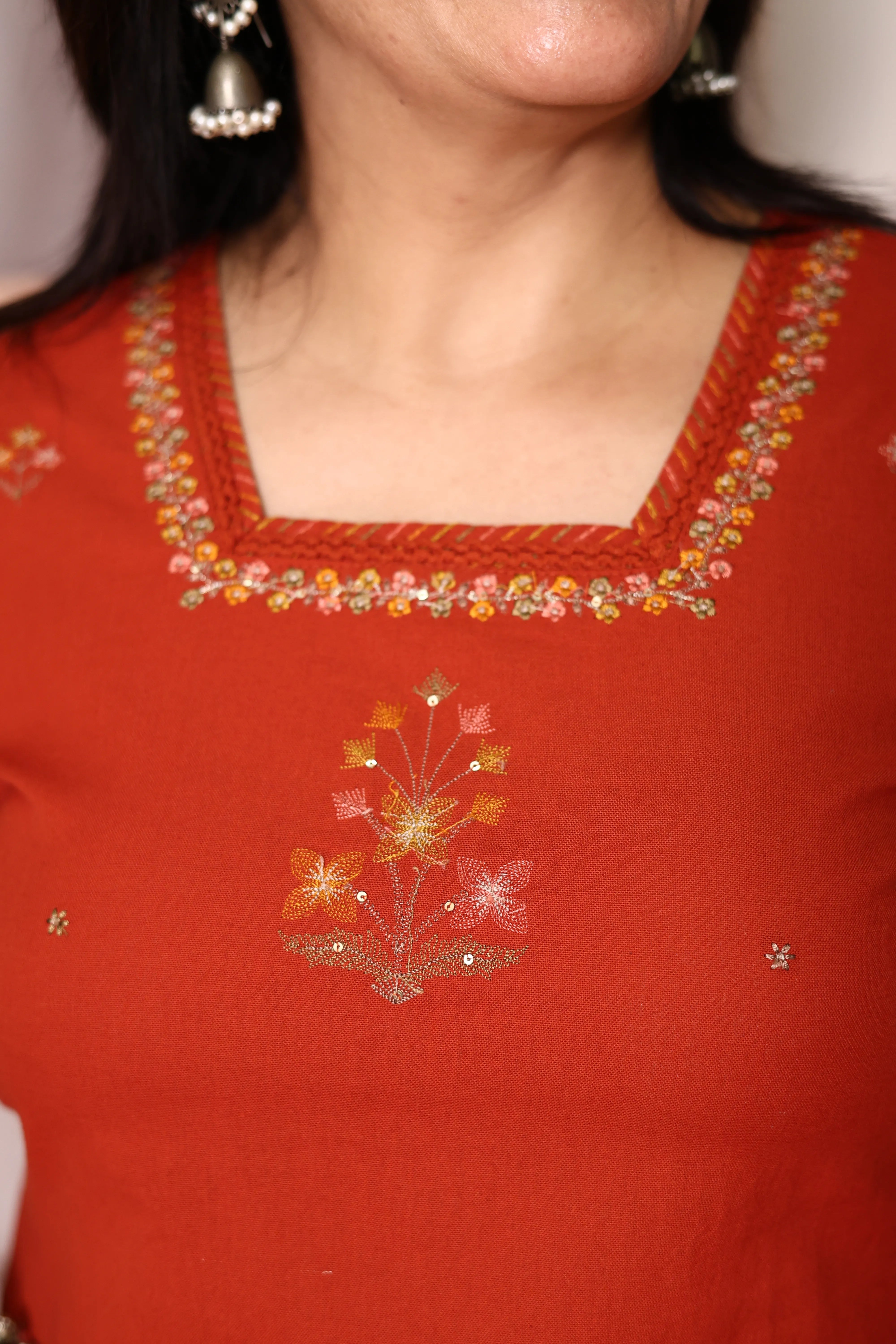 Flame Orange Cotton Dupatta Set with Floral Thread Embroidery | Plus Sizes Available