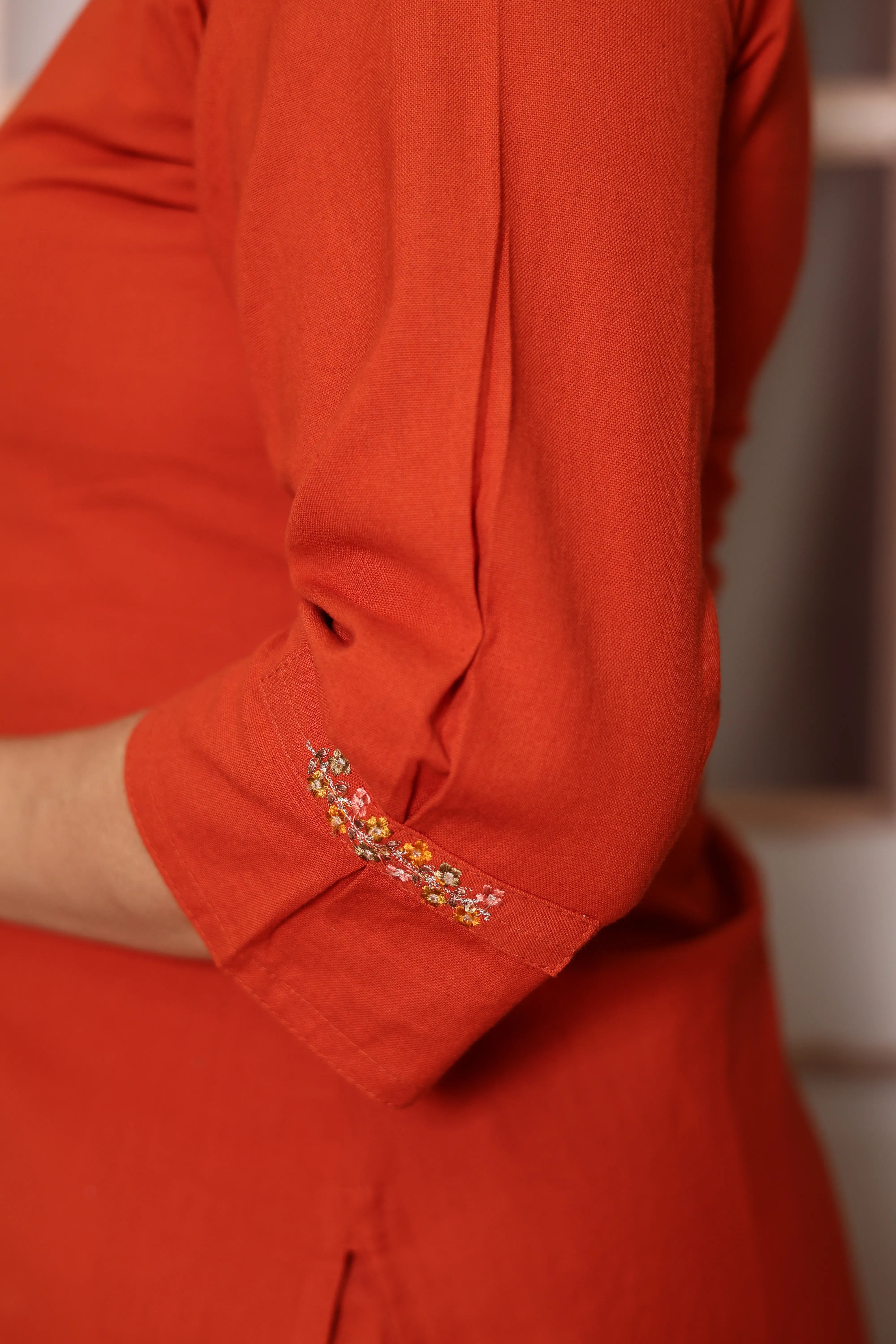Flame Orange Cotton Dupatta Set with Floral Thread Embroidery | Plus Sizes Available
