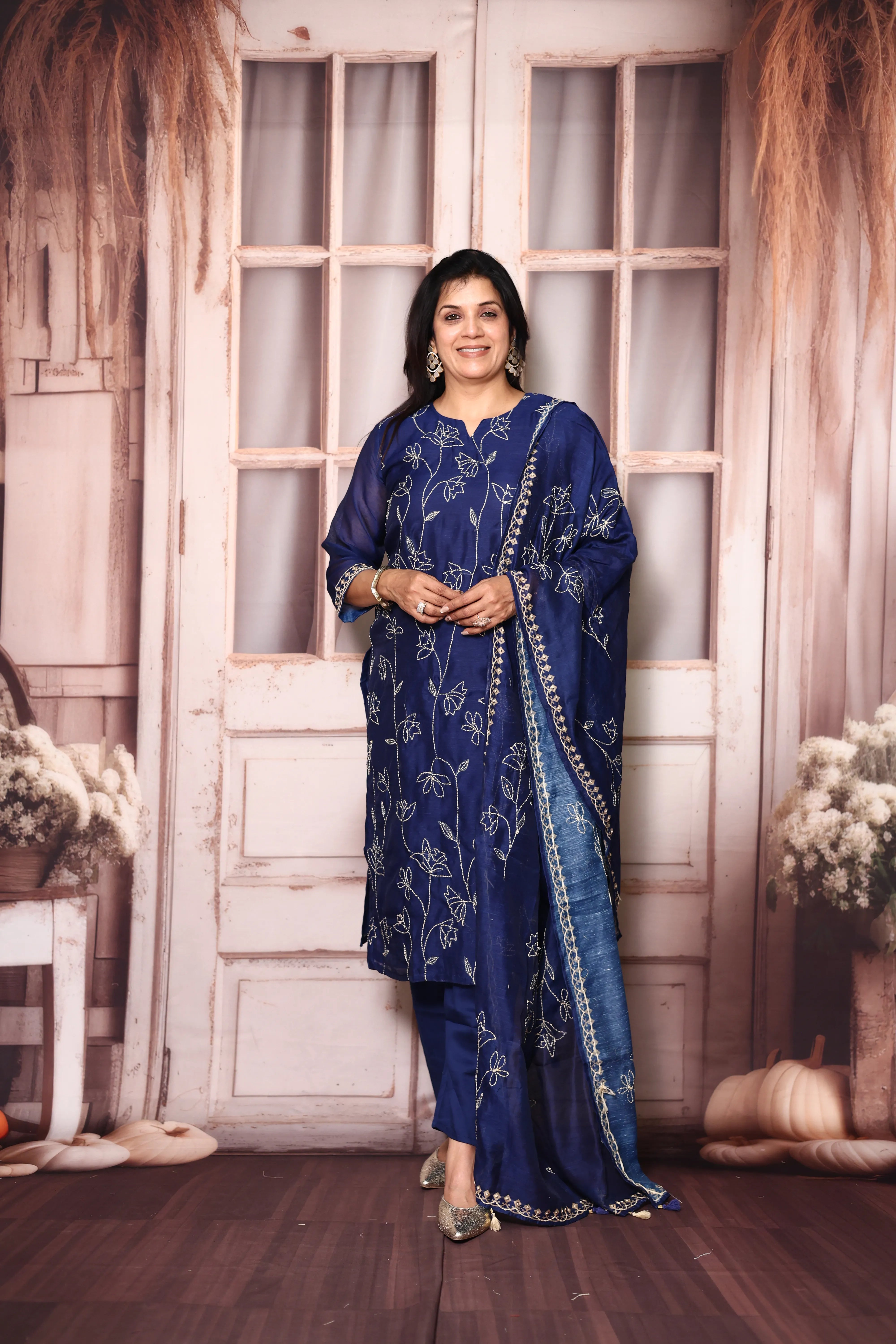 Blue Floral Kantha Work Linen Kurta Pant Dupatta Set | Sizes 38–50