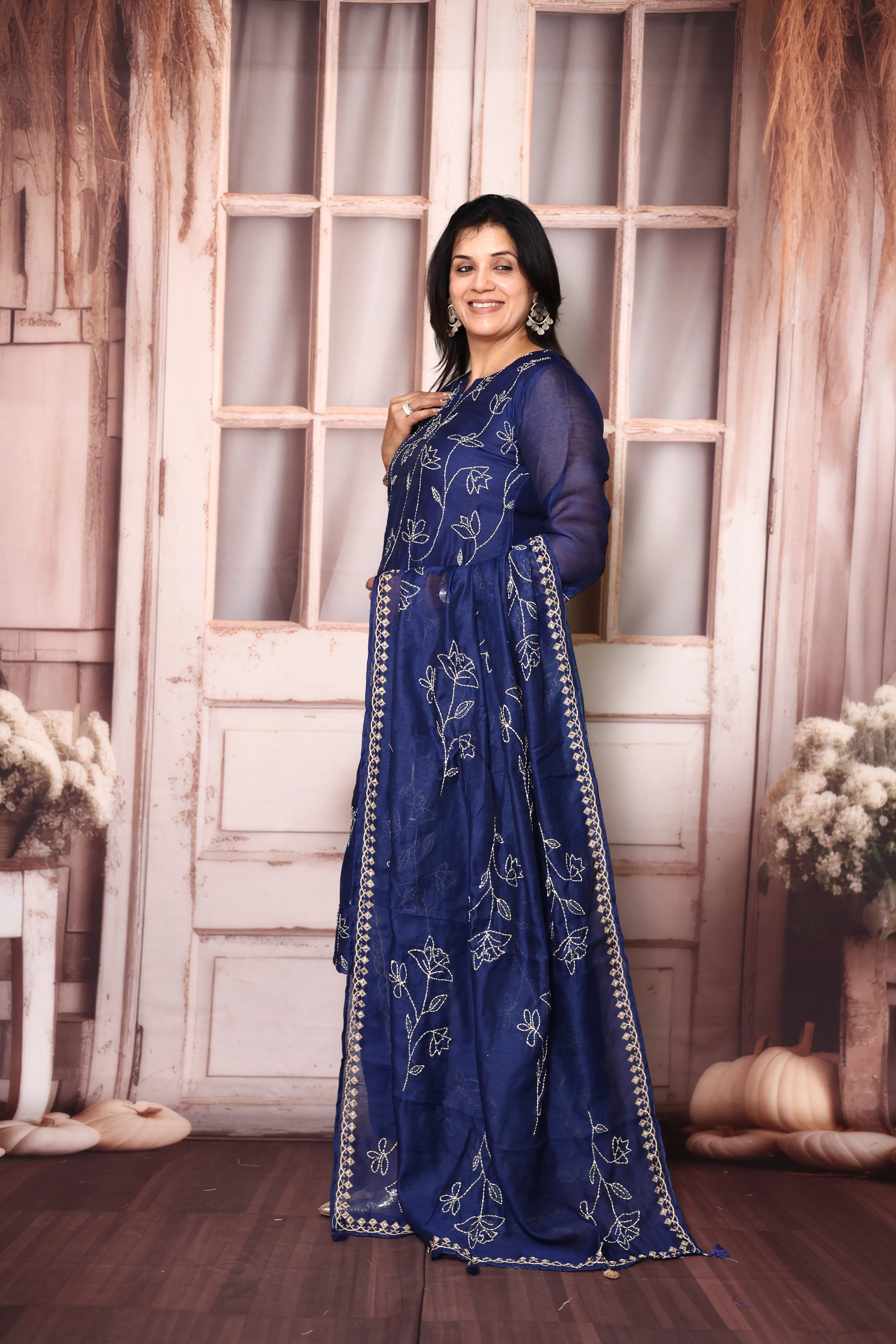 Blue Floral Kantha Work Linen Kurta Pant Dupatta Set | Sizes 38–50