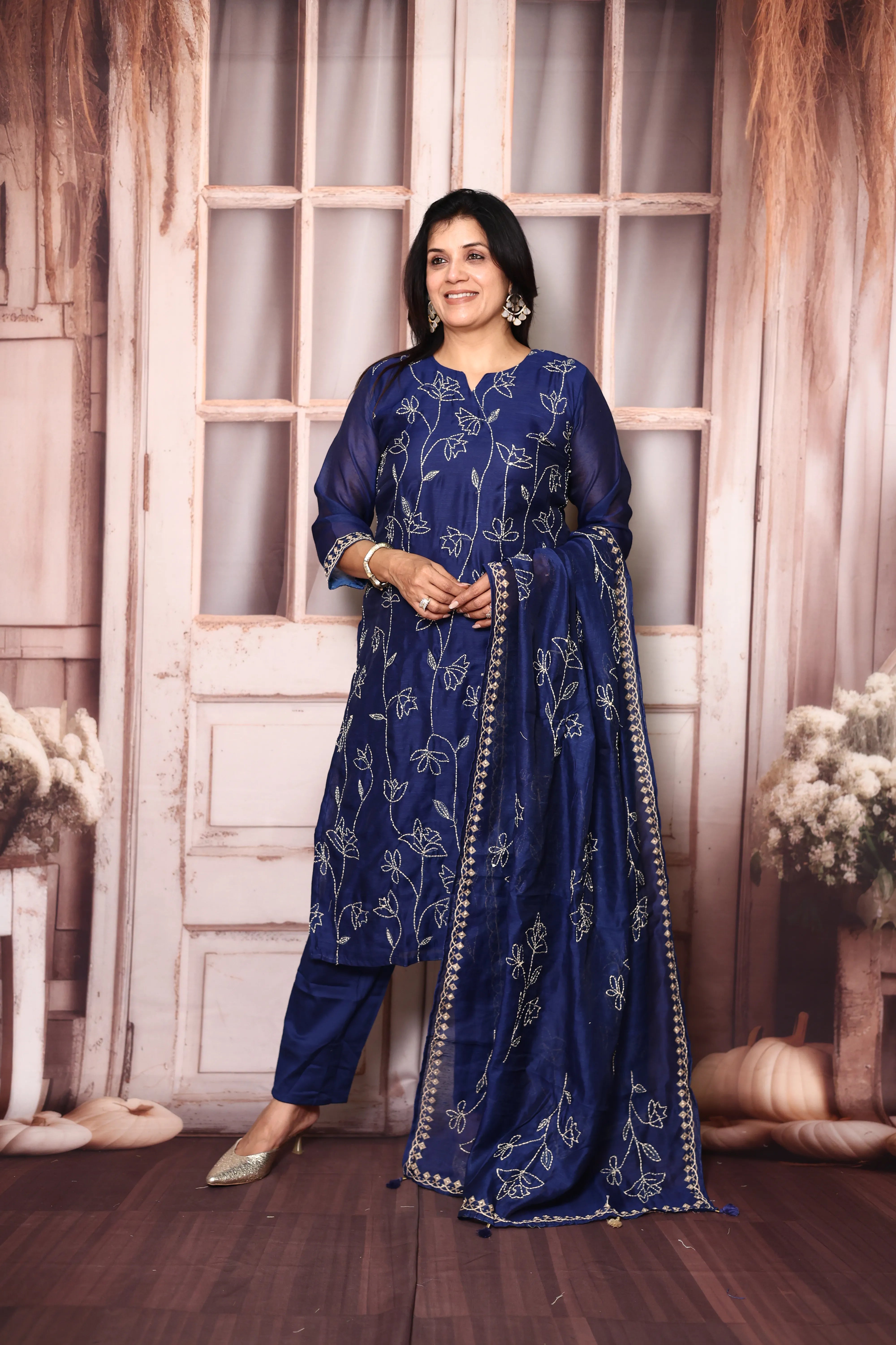 Blue Floral Kantha Work Linen Kurta Pant Dupatta Set | Sizes 38–50