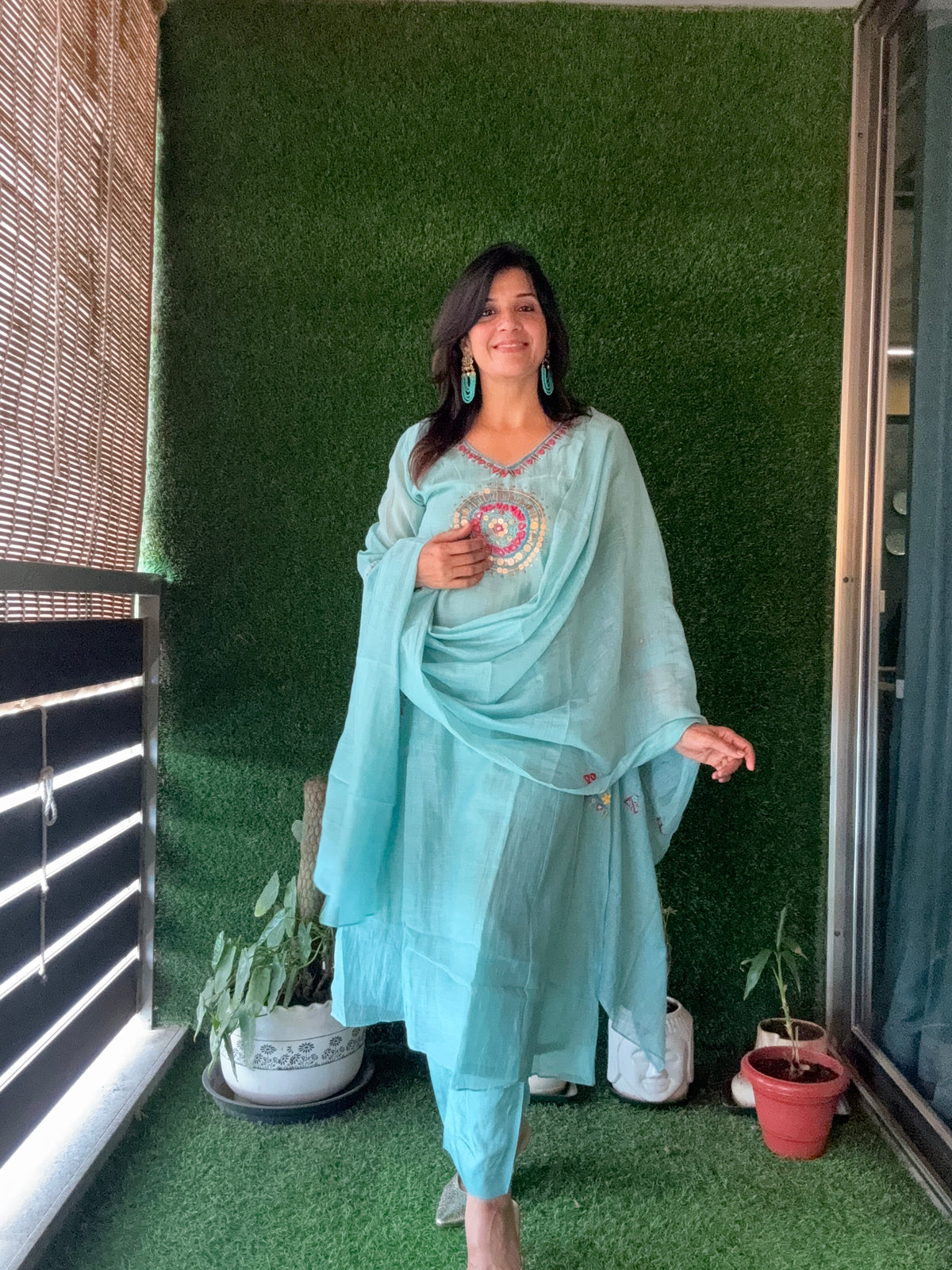 Light Teal A-Line Embroidery Kurta Pant Dupatta Set | Pure Mul Chanderi