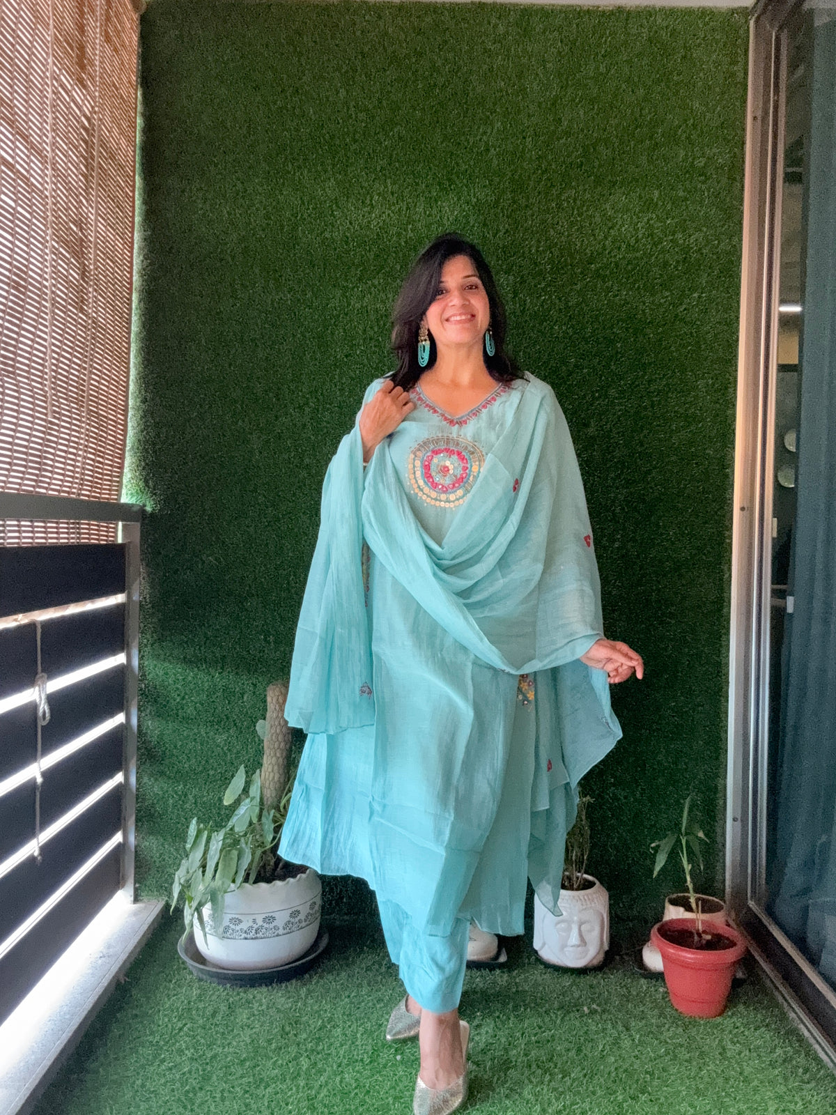 Light Teal A-Line Embroidery Kurta Pant Dupatta Set | Pure Mul Chanderi