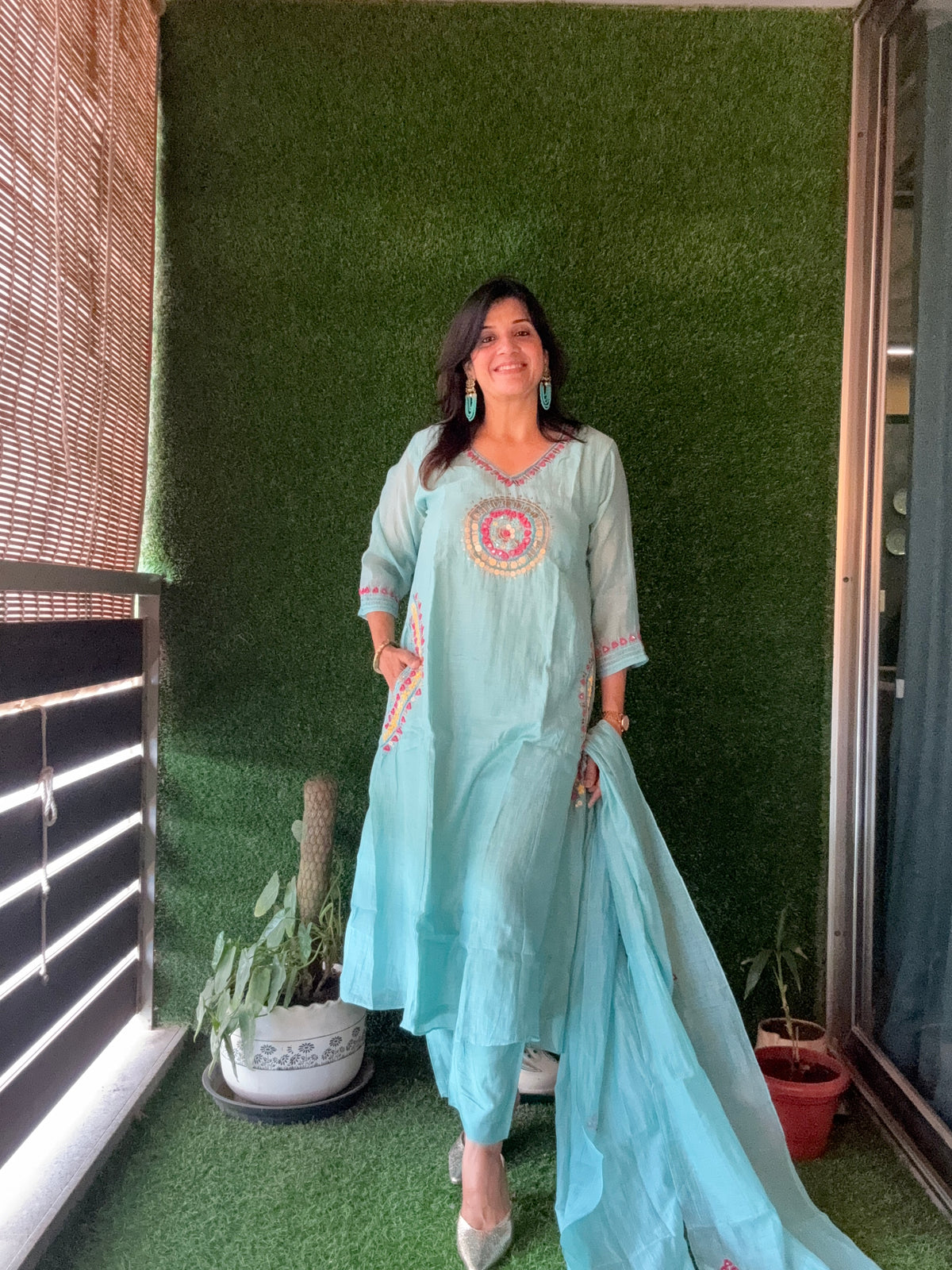 Light Teal A-Line Embroidery Kurta Pant Dupatta Set | Pure Mul Chanderi