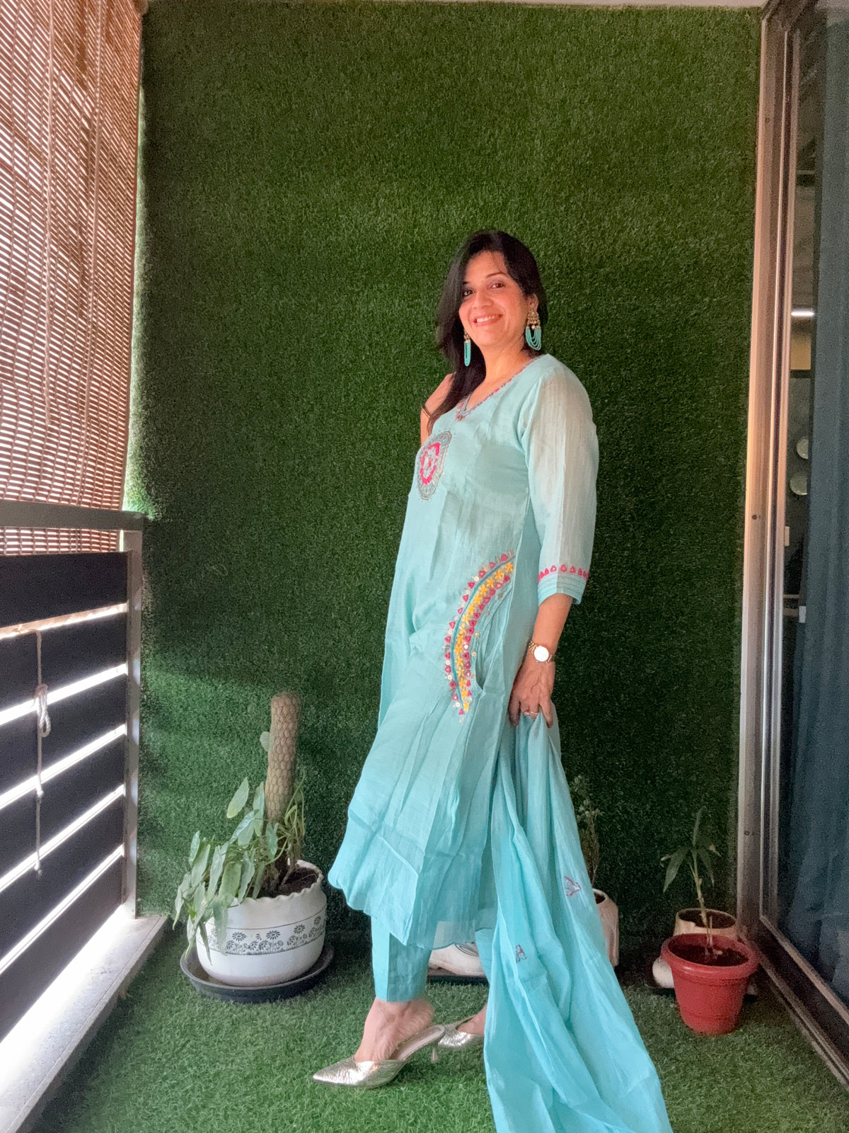 Light Teal A-Line Embroidery Kurta Pant Dupatta Set | Pure Mul Chanderi