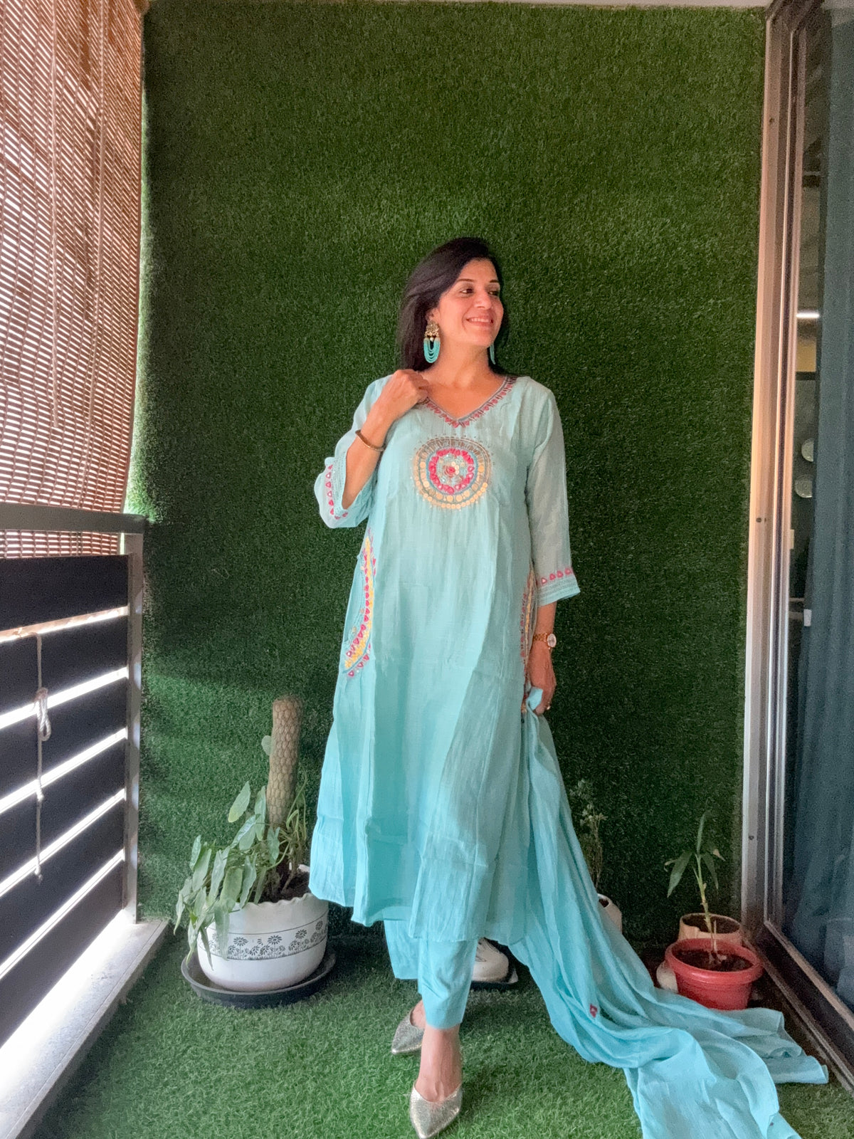Light Teal A-Line Embroidery Kurta Pant Dupatta Set | Pure Mul Chanderi
