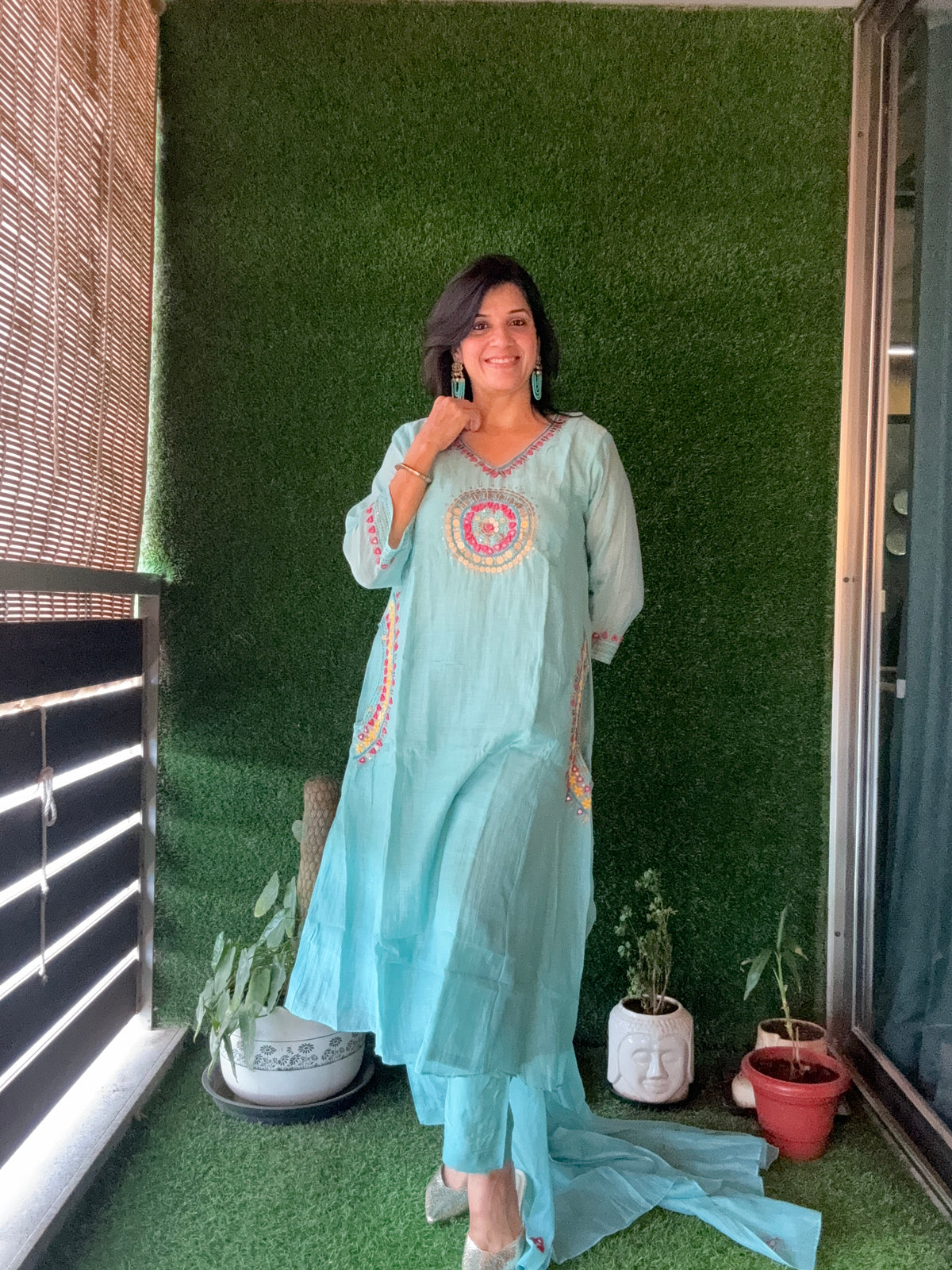 Light Teal A-Line Embroidery Kurta Pant Dupatta Set | Pure Mul Chanderi