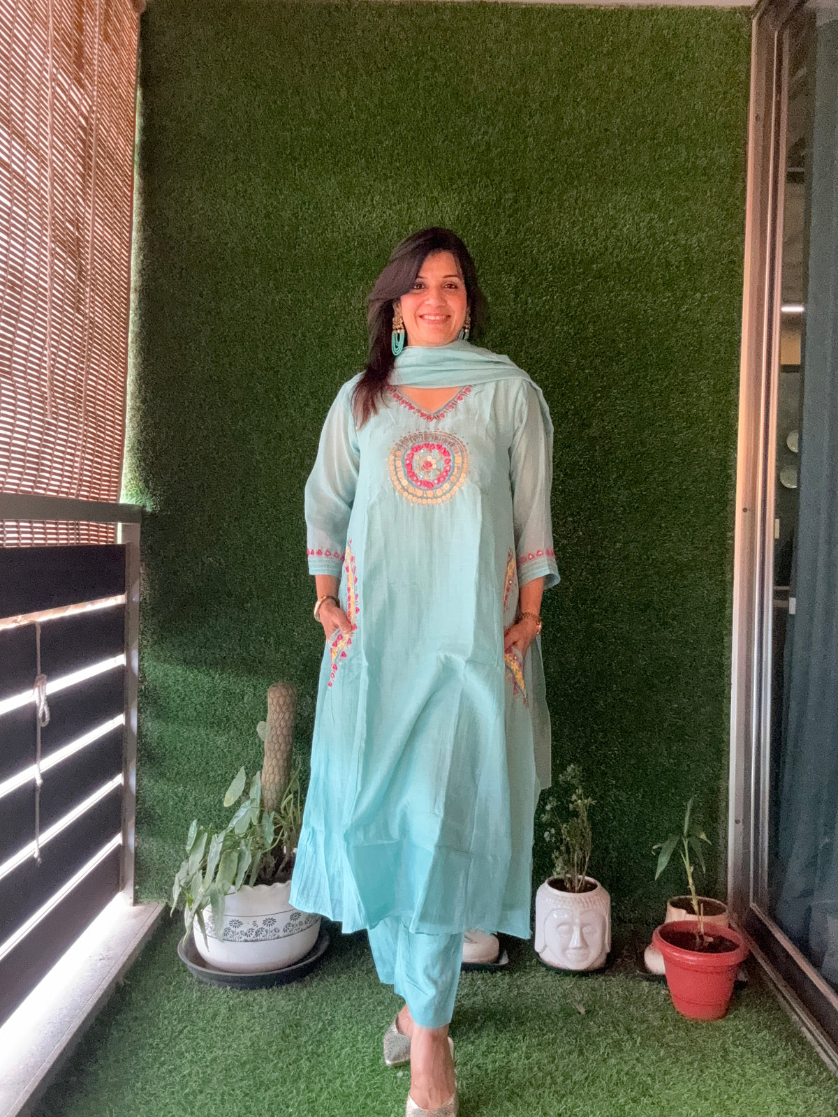 Light Teal A-Line Embroidery Kurta Pant Dupatta Set | Pure Mul Chanderi