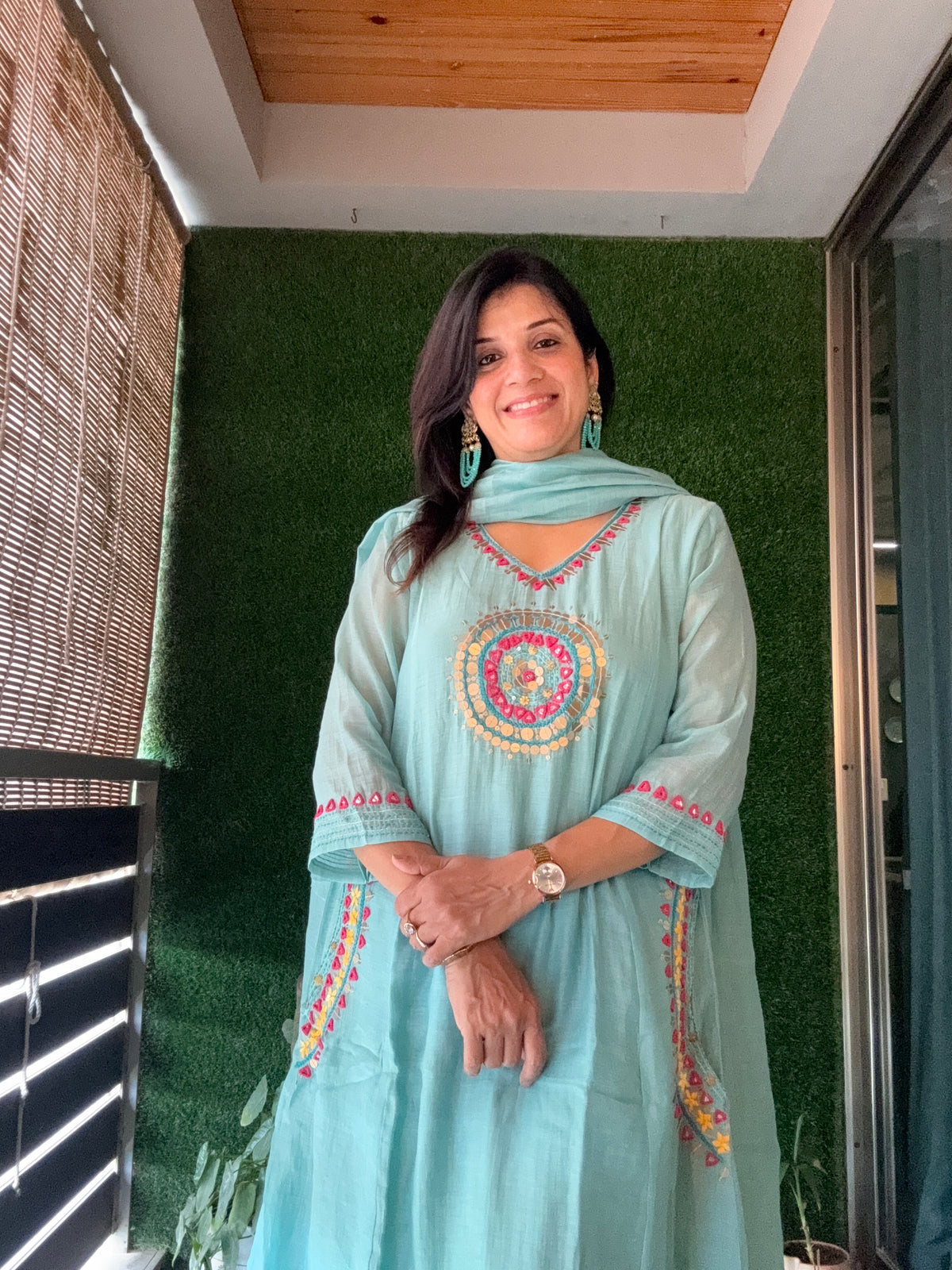 Light Teal A-Line Embroidery Kurta Pant Dupatta Set | Pure Mul Chanderi