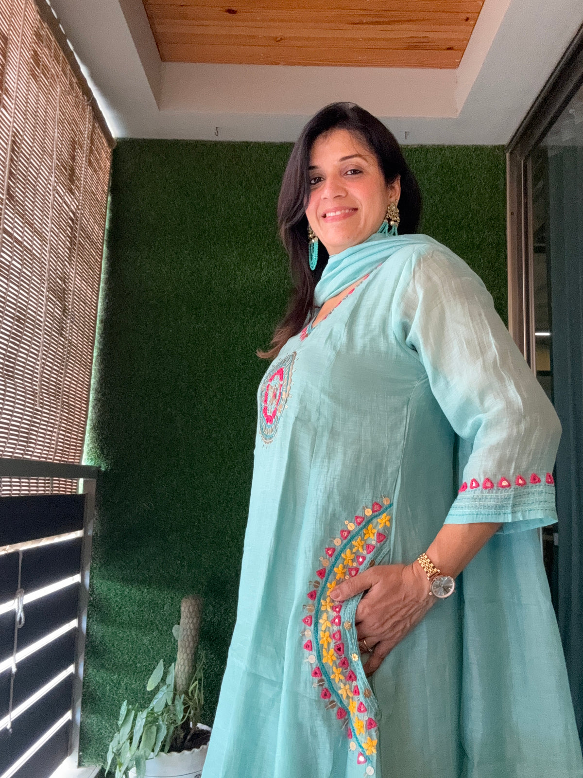 Light Teal A-Line Embroidery Kurta Pant Dupatta Set | Pure Mul Chanderi