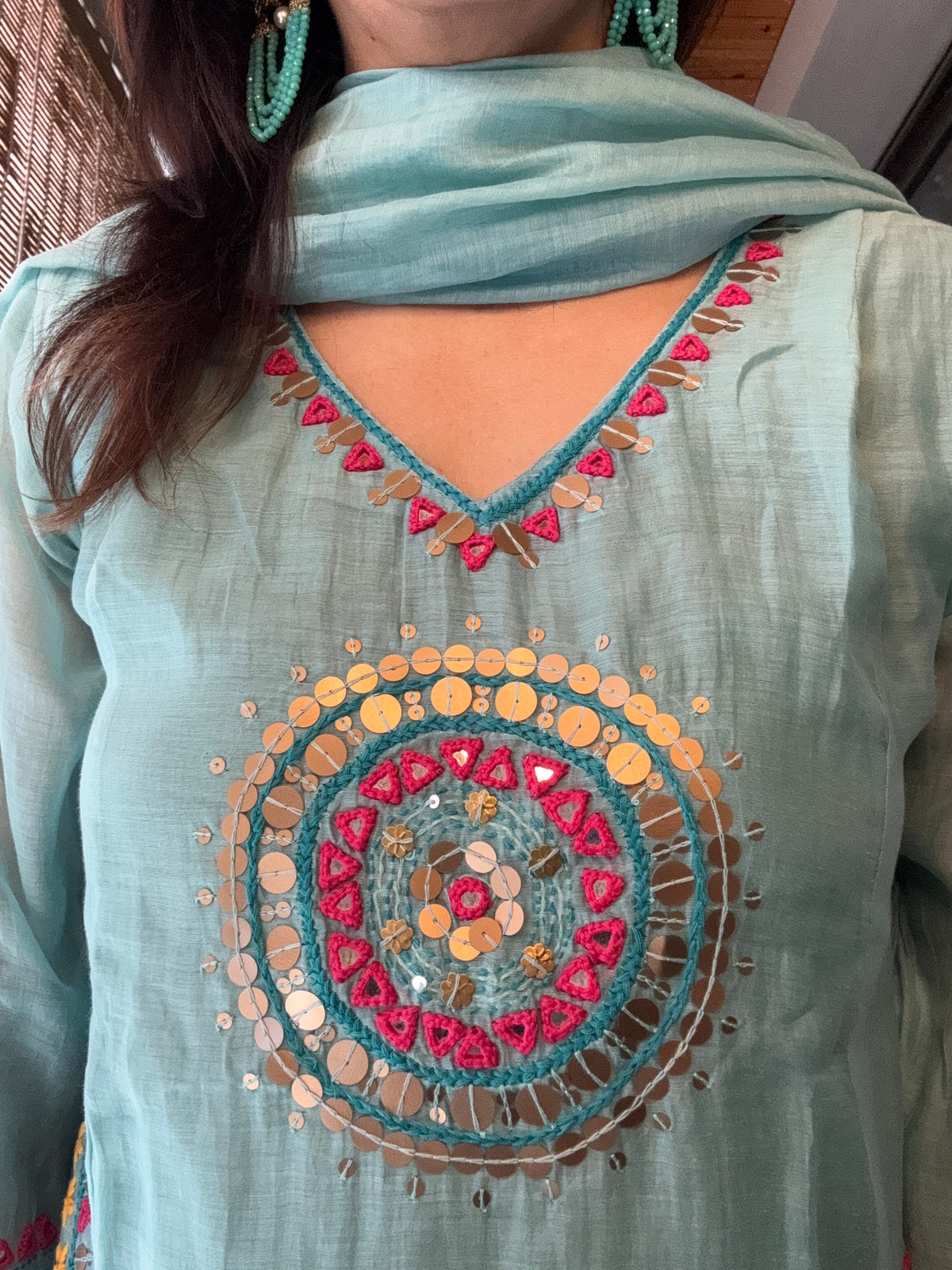 Light Teal A-Line Embroidery Kurta Pant Dupatta Set | Pure Mul Chanderi