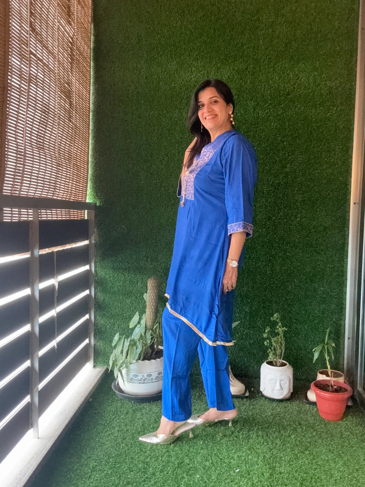 Royal Blue - Brocade Yoke Work Kurta Pant Set | Pure Muslin Silk