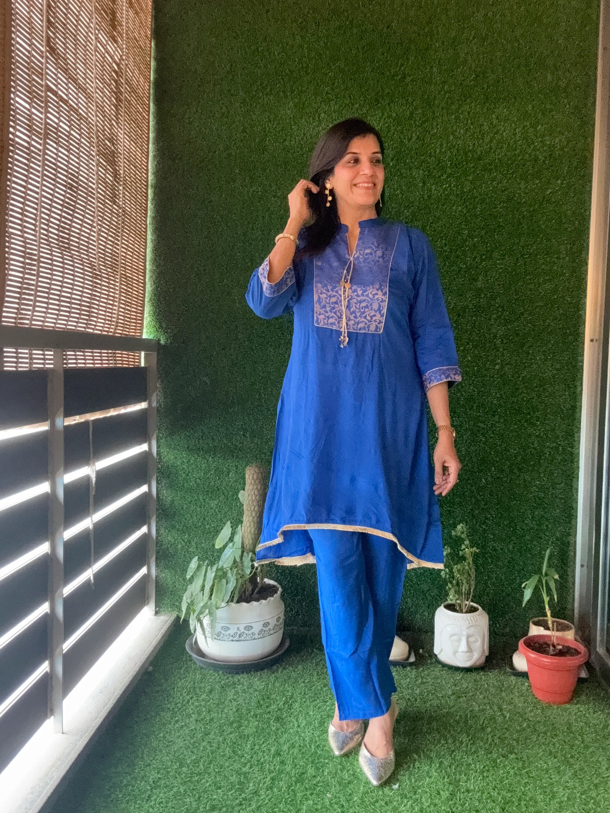 Royal Blue - Brocade Yoke Work Kurta Pant Set | Pure Muslin Silk