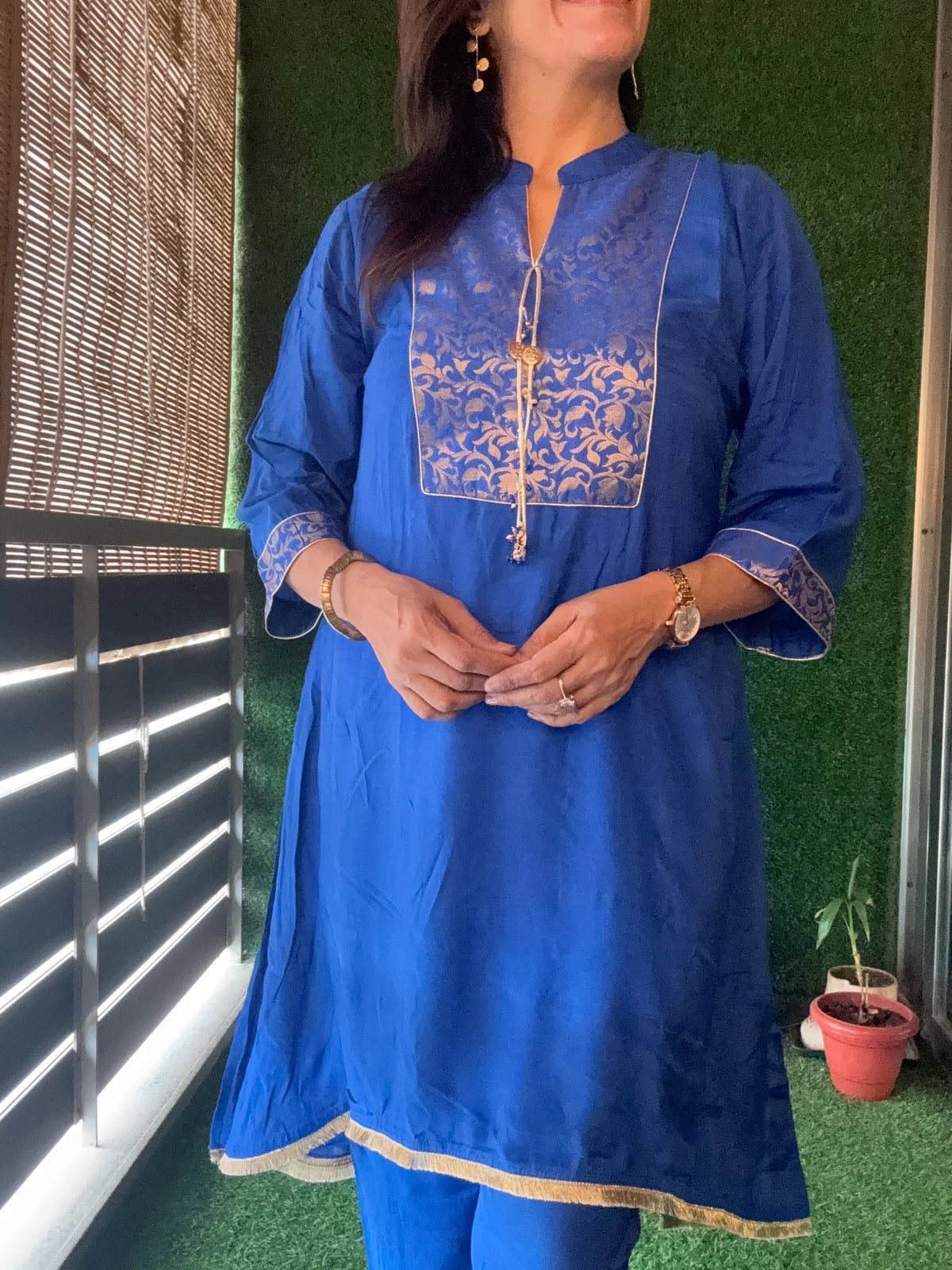 Royal Blue - Brocade Yoke Work Kurta Pant Set | Pure Muslin Silk
