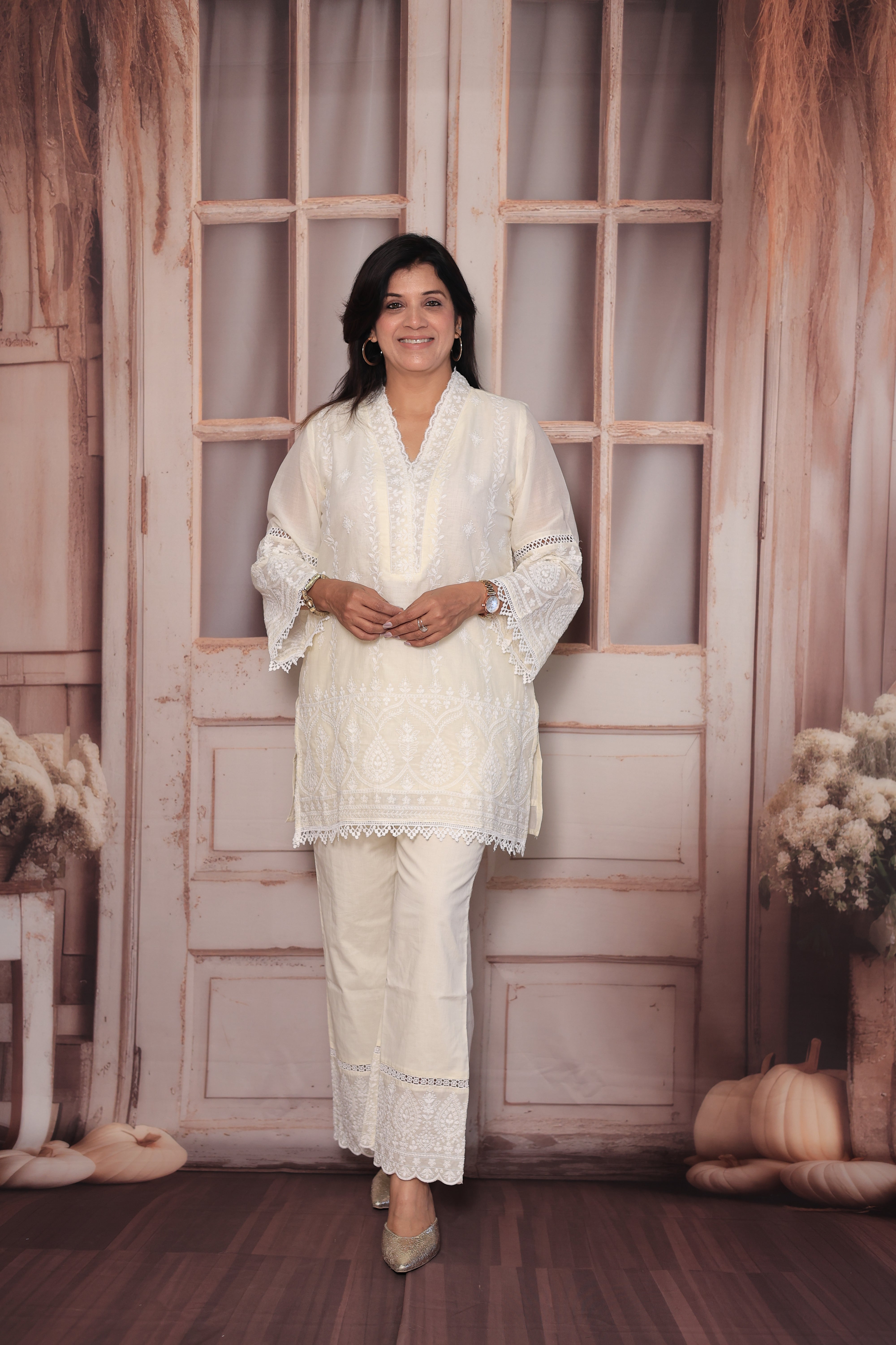 Cream Lakhnavi Chikankari Embroidered Short Kurti Palazzo Co-Ord Set | Pure Mul Mul