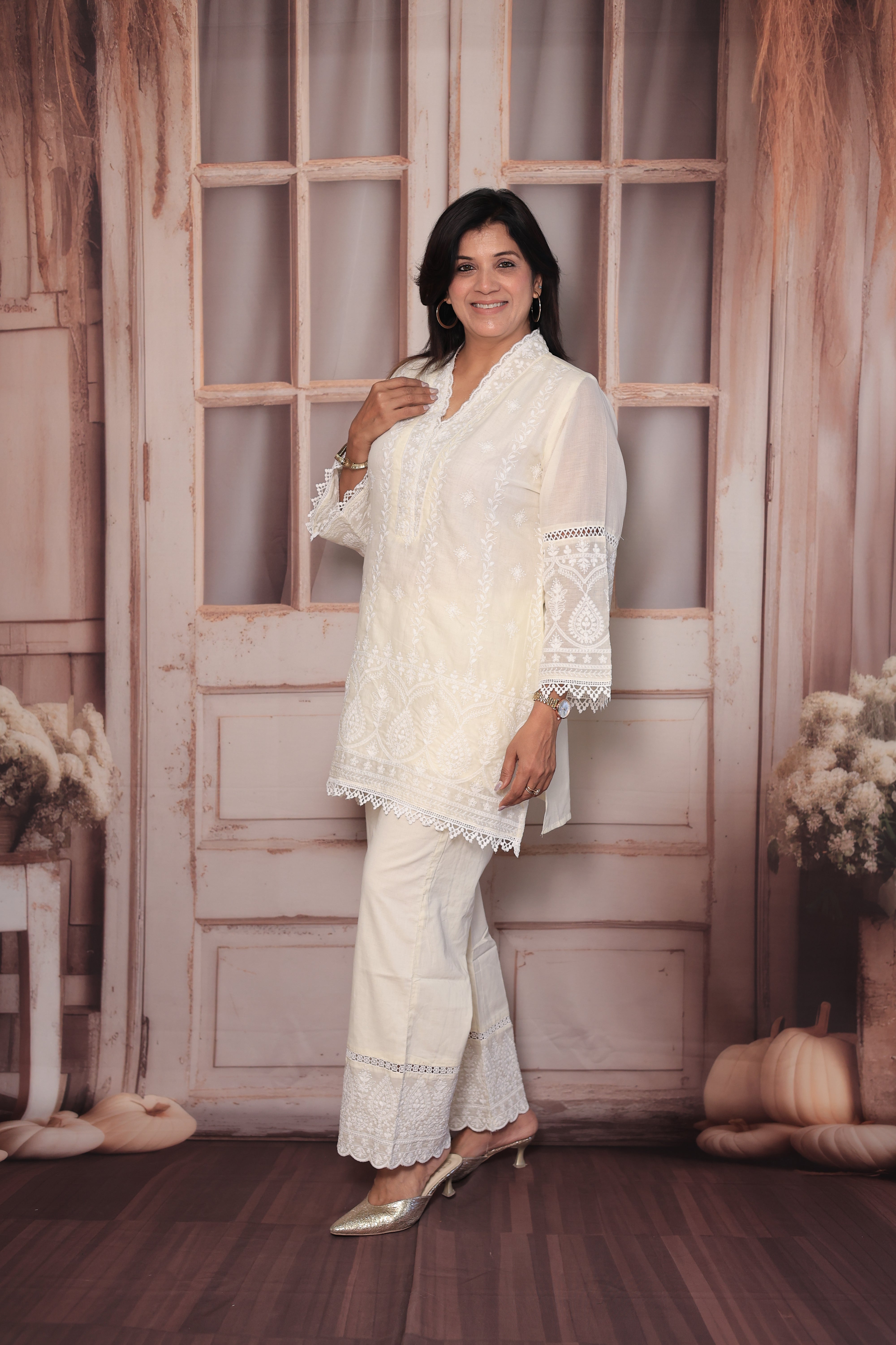 Cream Lakhnavi Chikankari Embroidered Short Kurti Palazzo Co-Ord Set | Pure Mul Mul