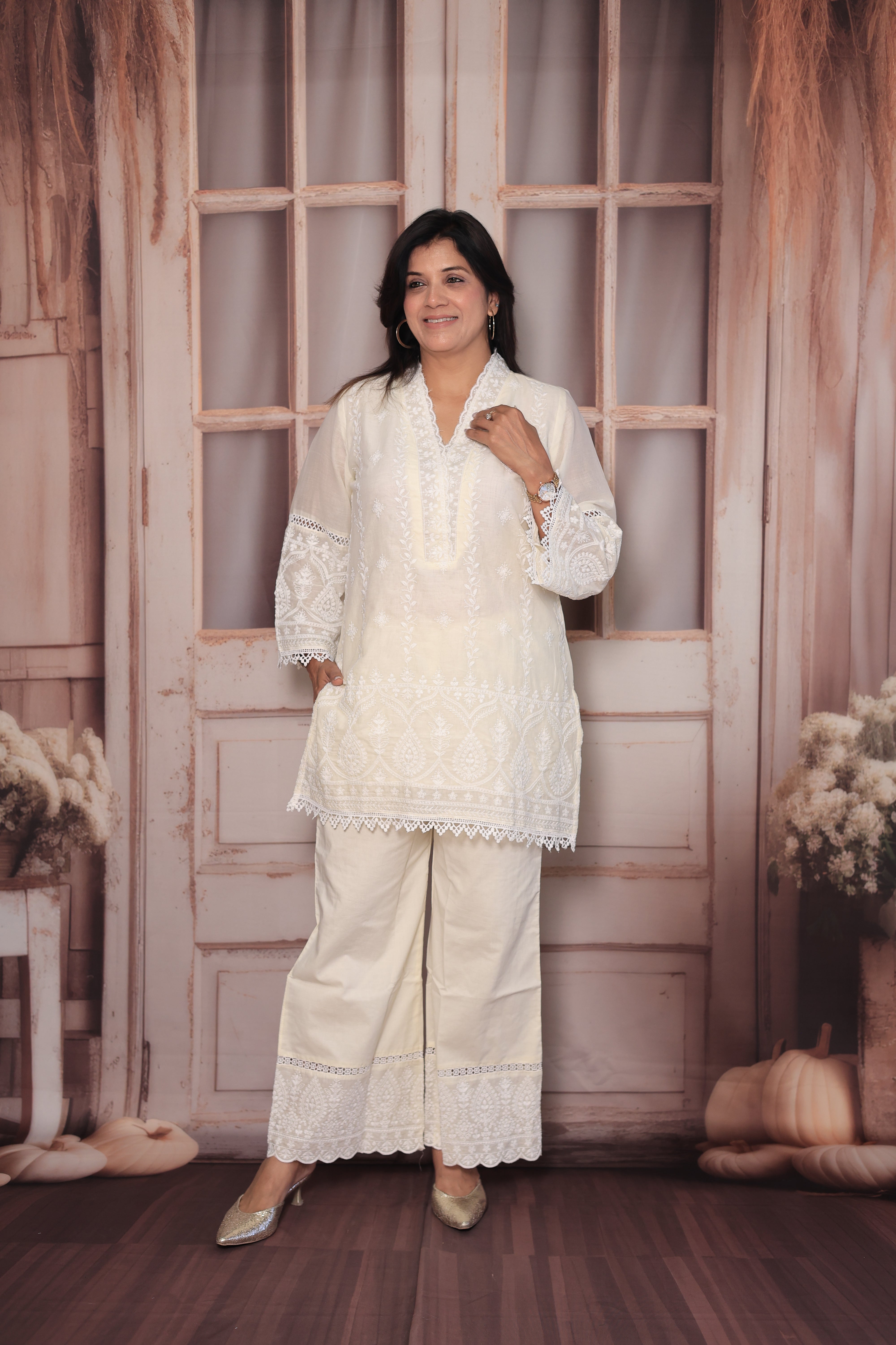 Cream Lakhnavi Chikankari Embroidered Short Kurti Palazzo Co-Ord Set | Pure Mul Mul