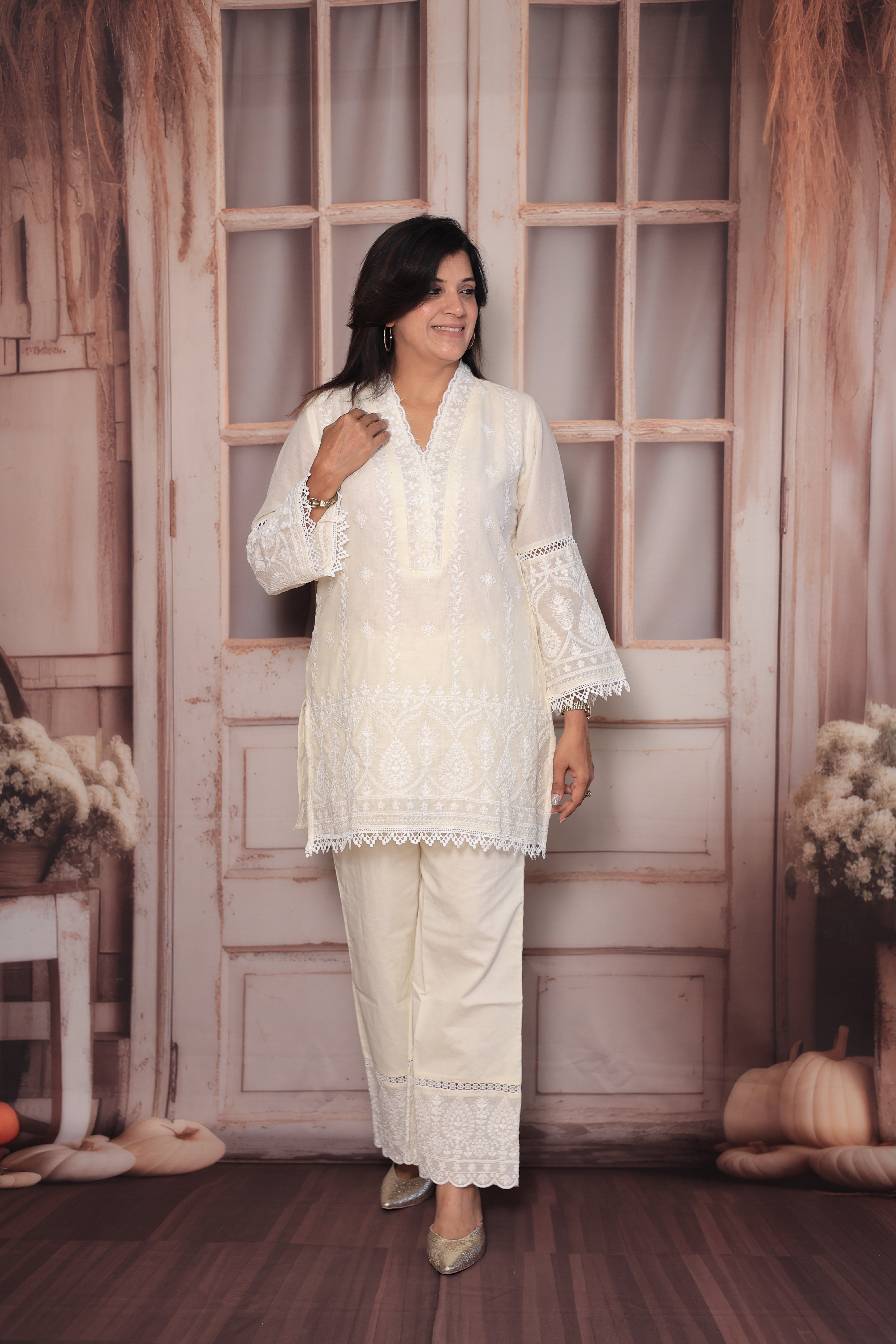 Cream Lakhnavi Chikankari Embroidered Short Kurti Palazzo Co-Ord Set | Pure Mul Mul