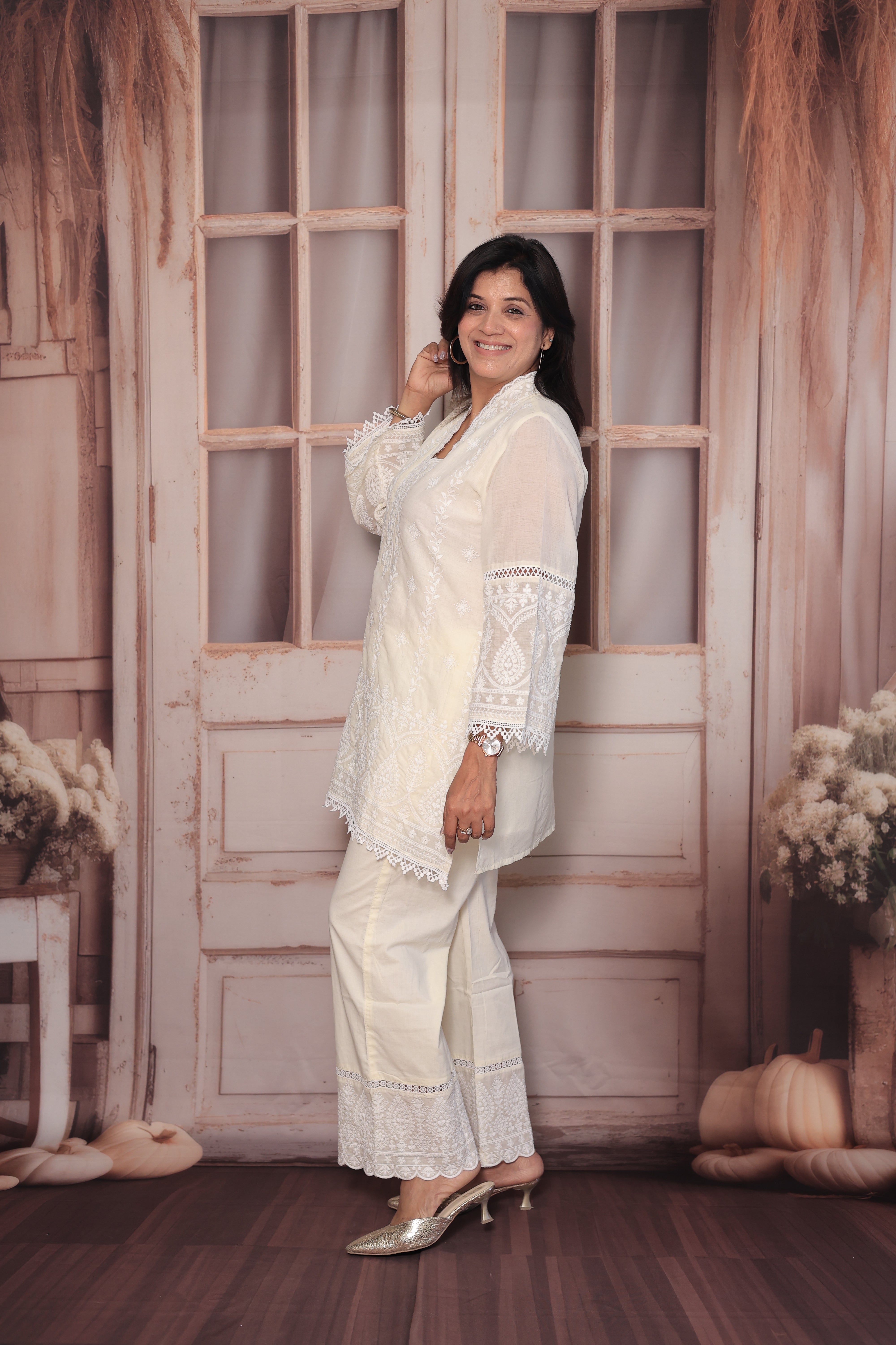 Cream Lakhnavi Chikankari Embroidered Short Kurti Palazzo Co-Ord Set | Pure Mul Mul