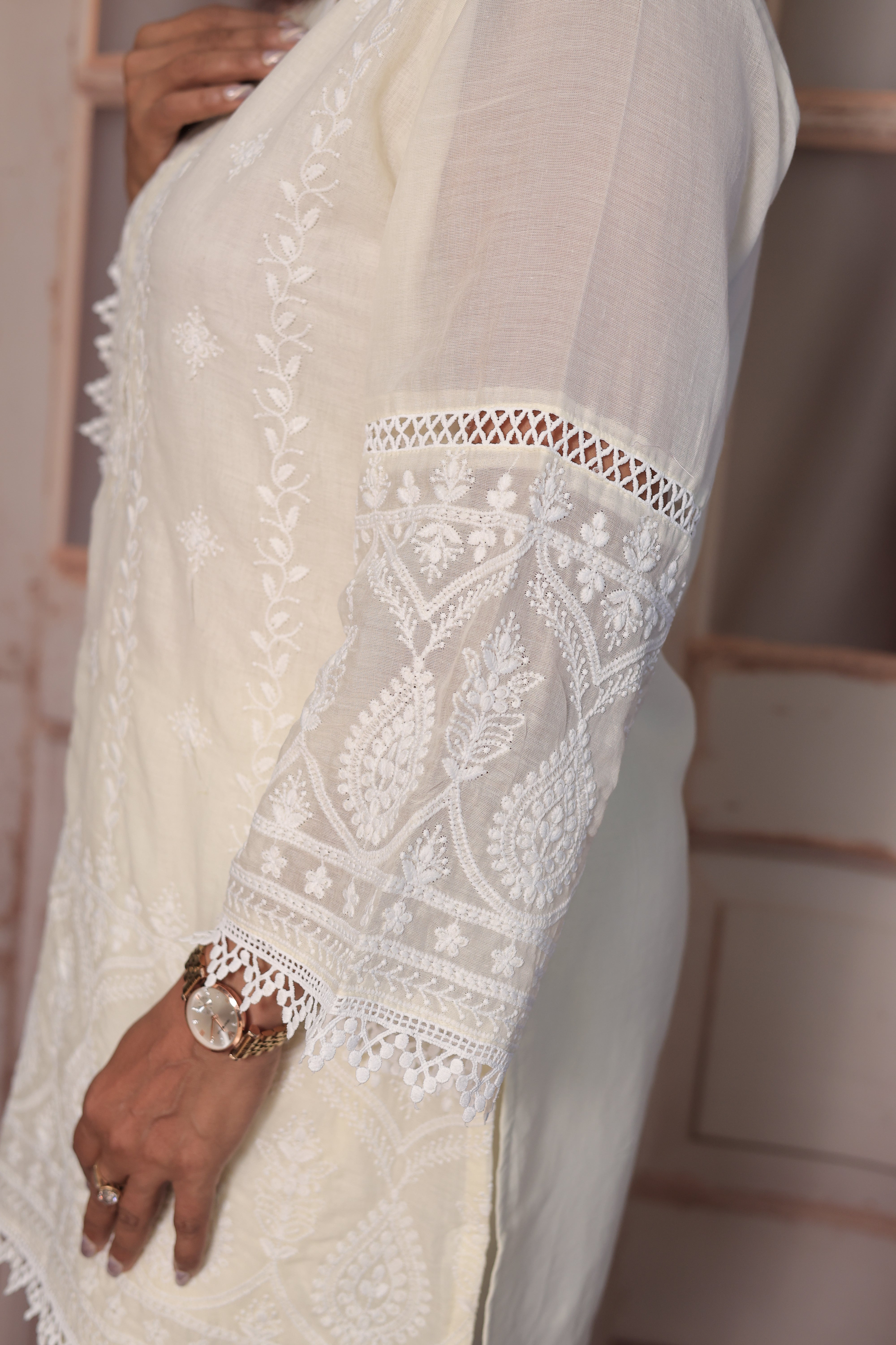 Cream Lakhnavi Chikankari Embroidered Short Kurti Palazzo Co-Ord Set | Pure Mul Mul