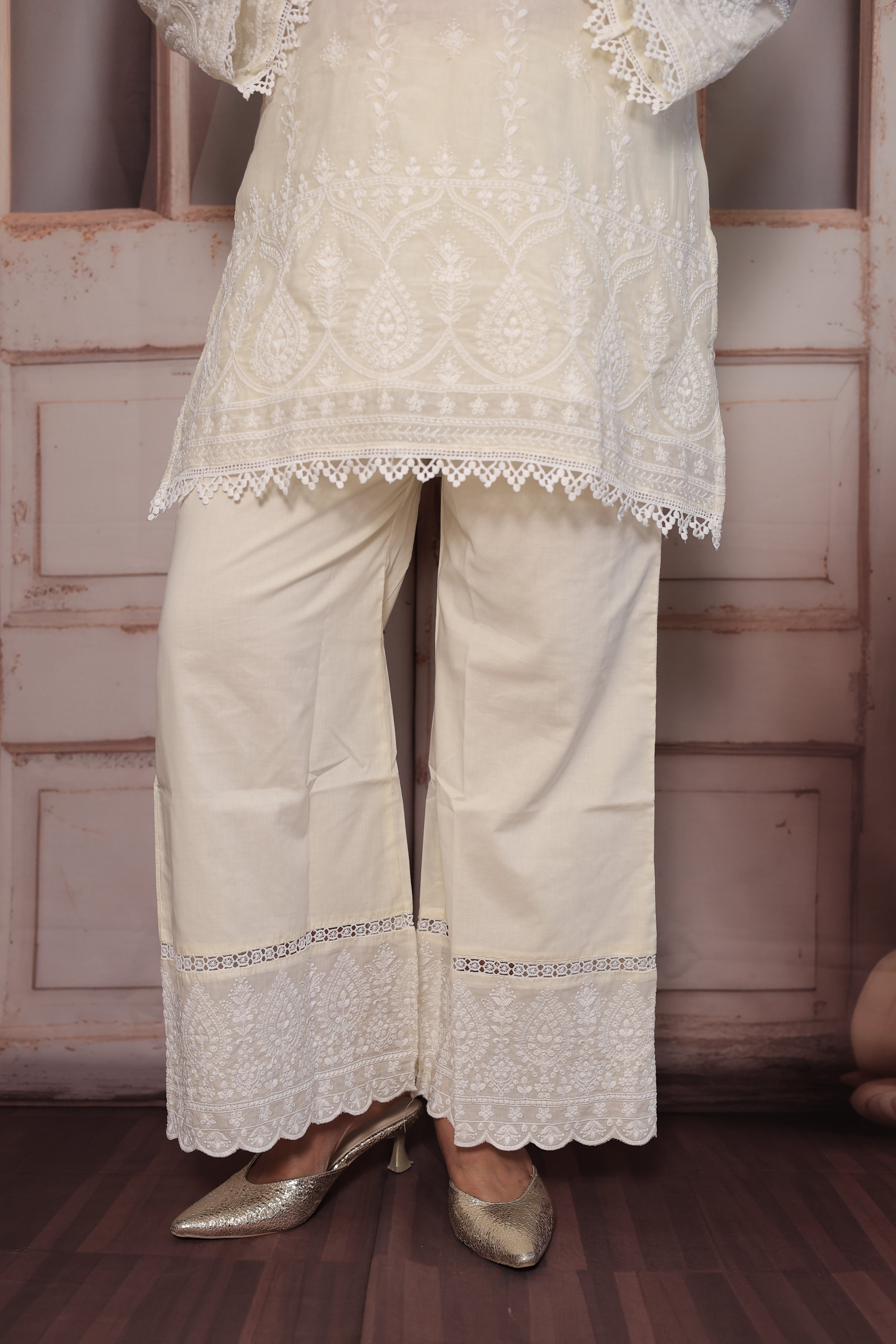 Cream Lakhnavi Chikankari Embroidered Short Kurti Palazzo Co-Ord Set | Pure Mul Mul