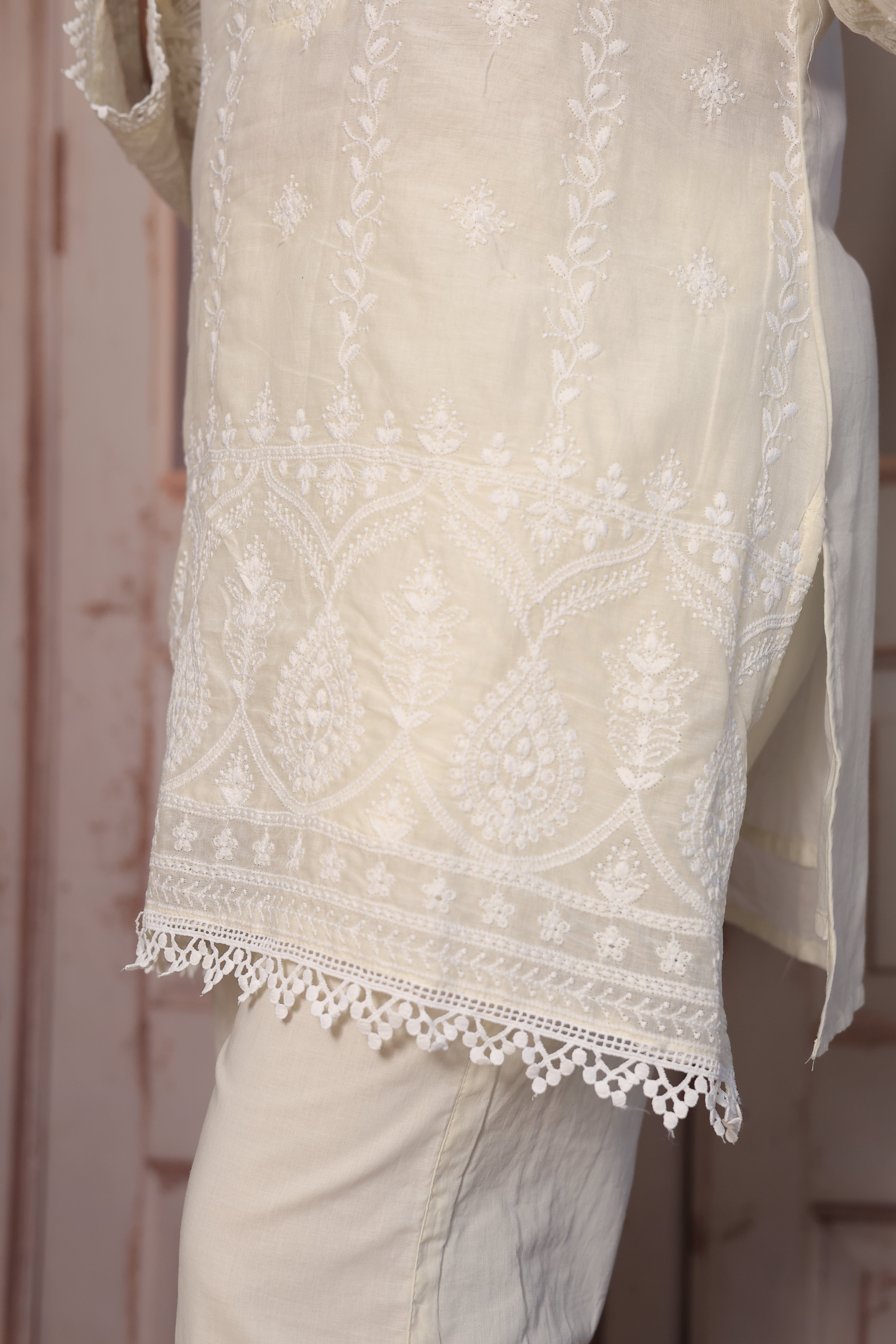 Cream Lakhnavi Chikankari Embroidered Short Kurti Palazzo Co-Ord Set | Pure Mul Mul