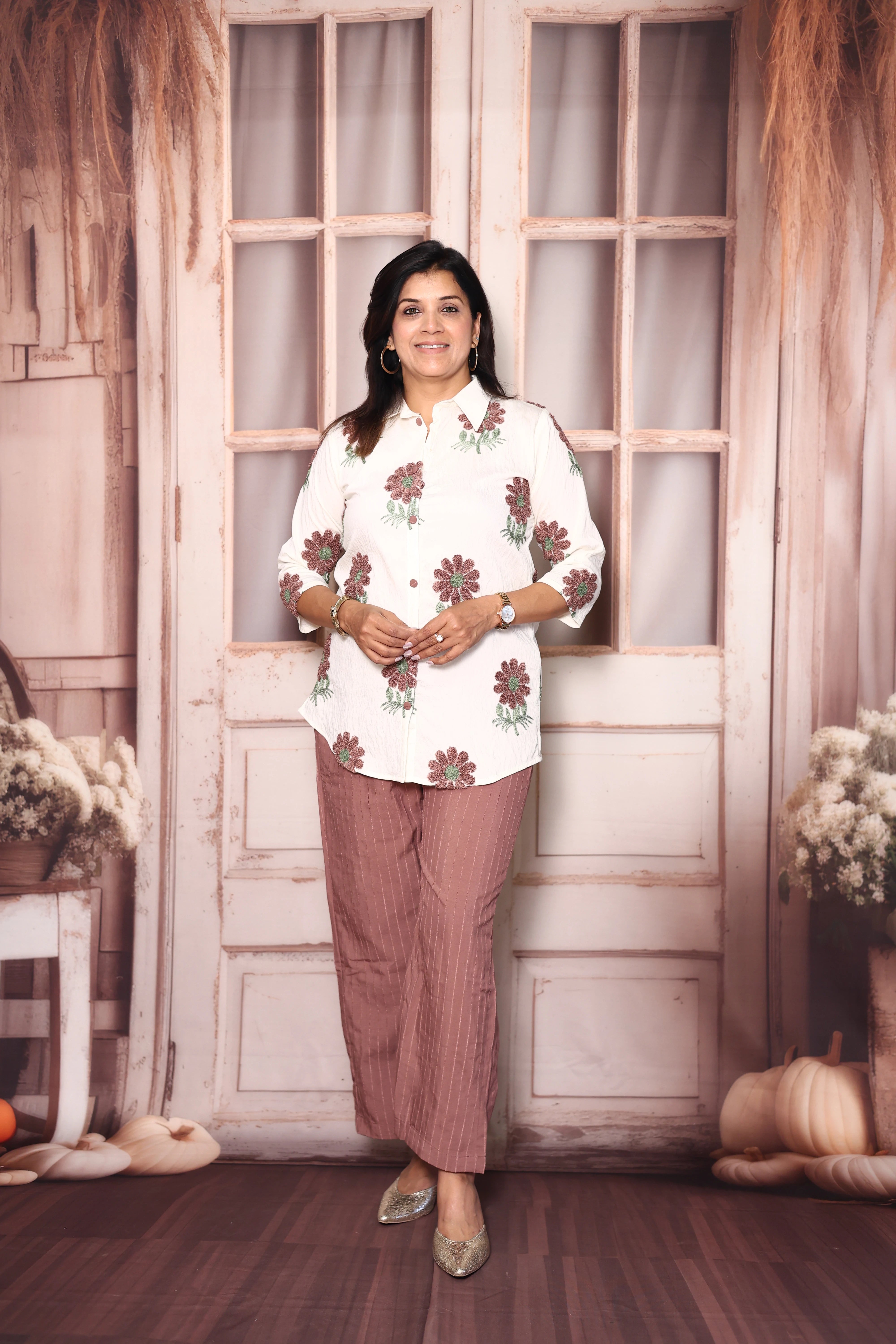Off White & American Brown Co-Ord Set | Woollen Work Stylish Casual Wear