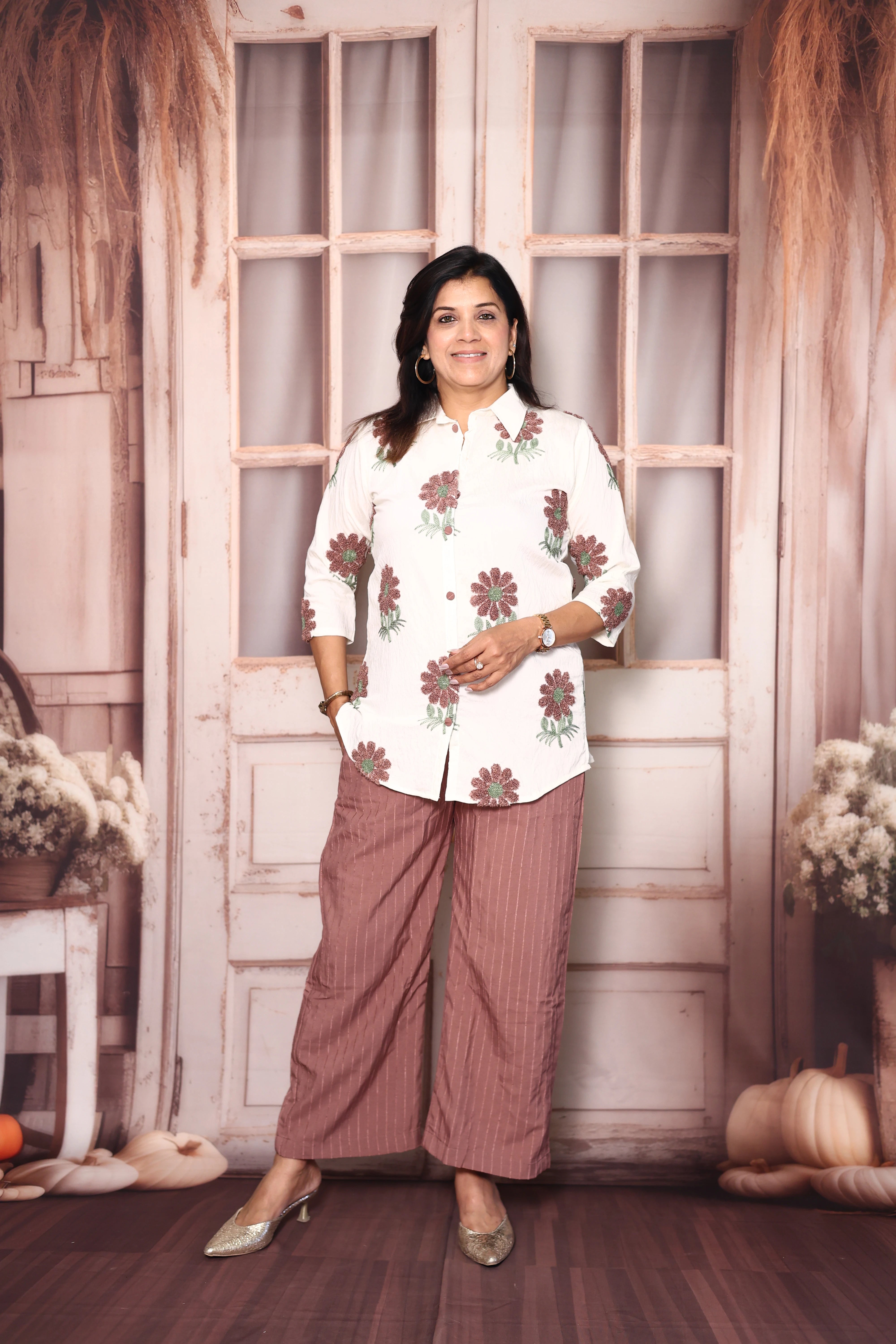 Off White & American Brown Co-Ord Set | Woollen Work Stylish Casual Wear
