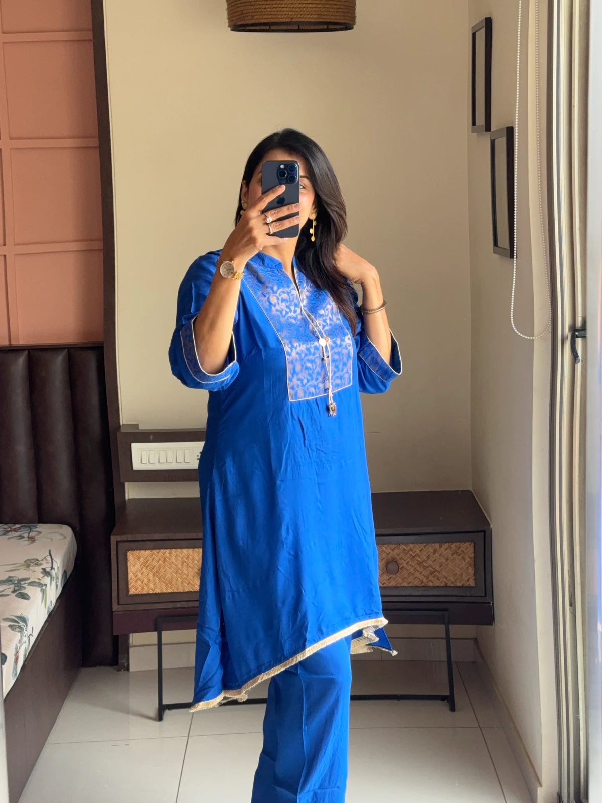 Royal Blue - Brocade Yoke Work Kurta Pant Set | Pure Muslin Silk