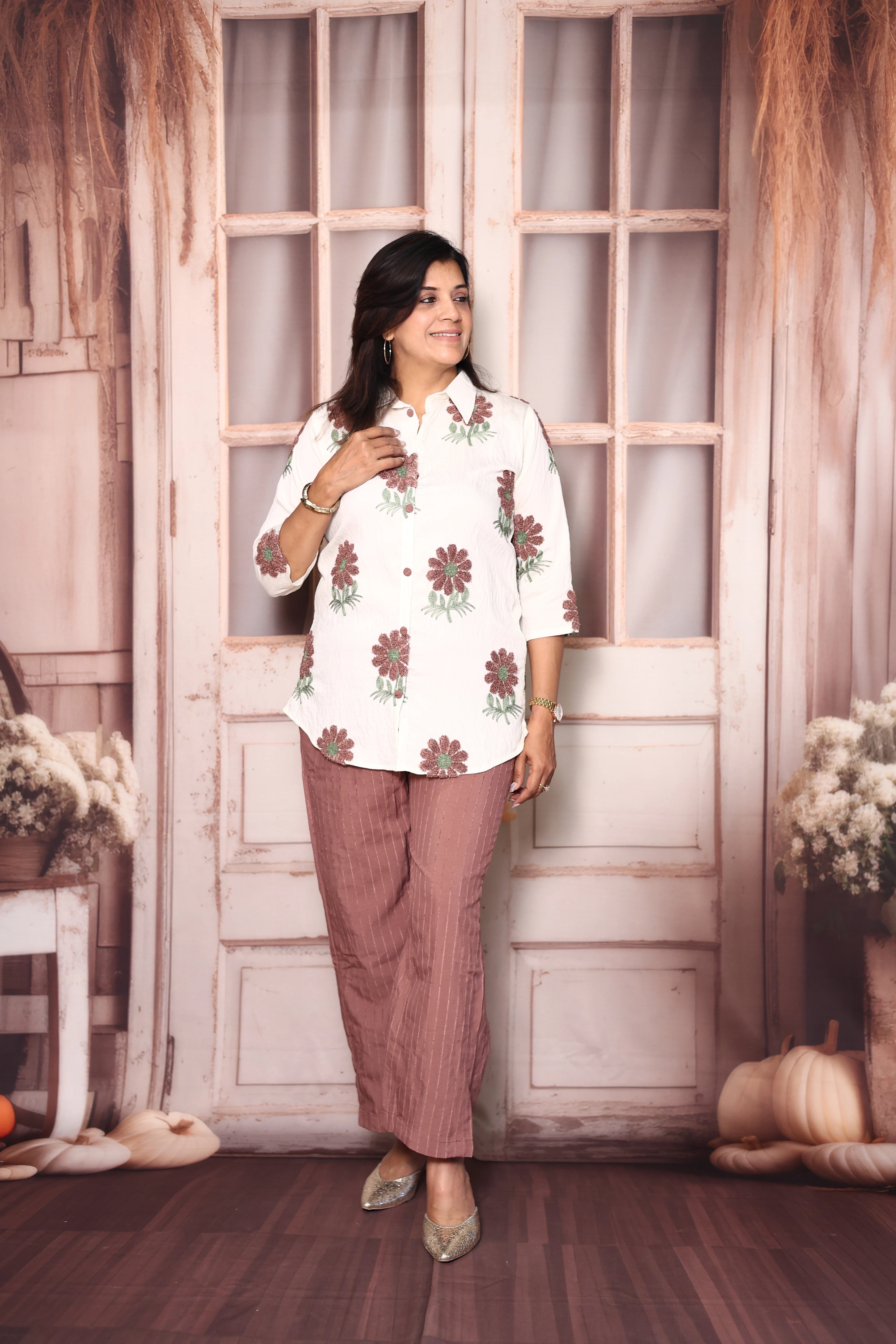 Off White & American Brown Co-Ord Set | Woollen Work Stylish Casual Wear