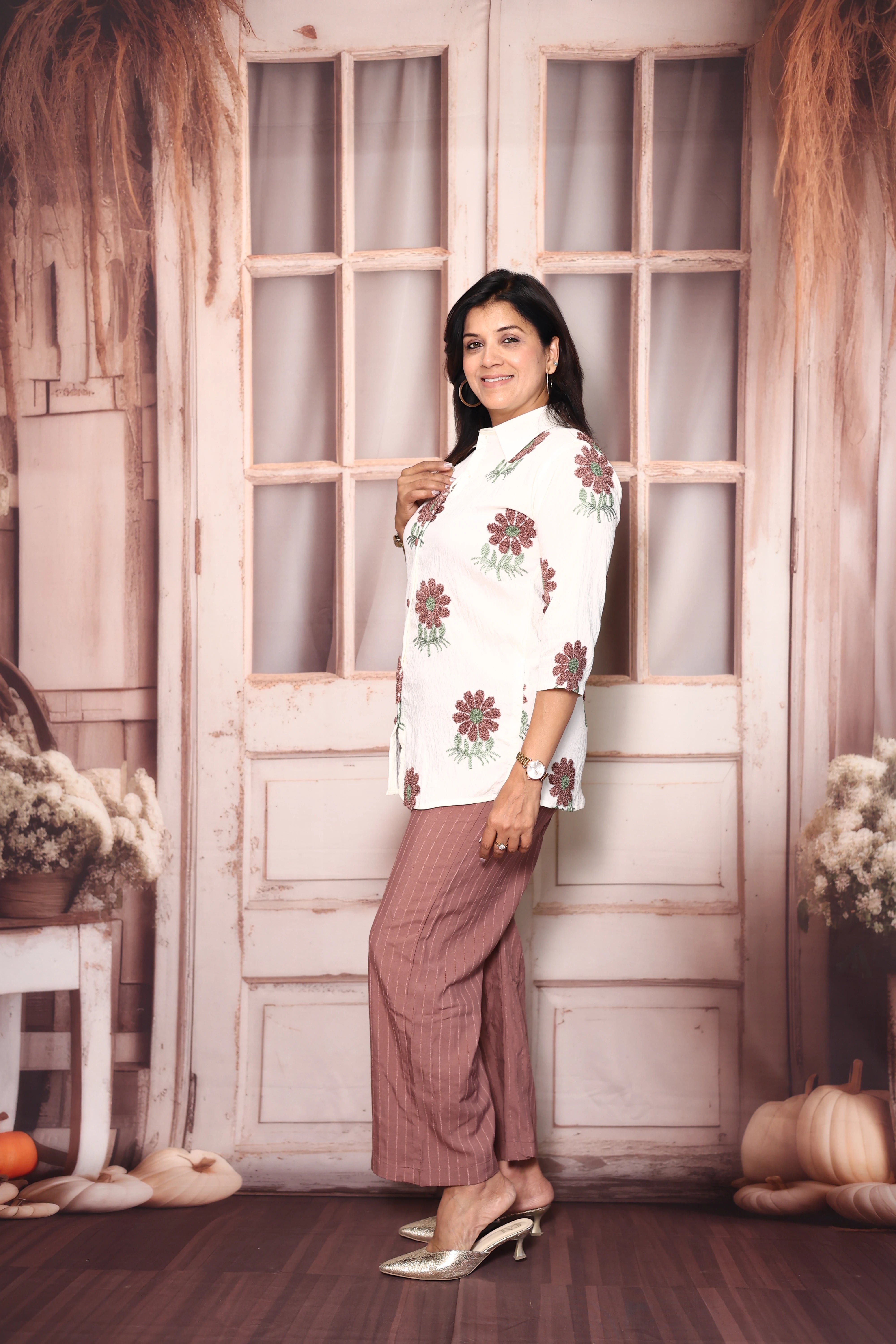 Off White & American Brown Co-Ord Set | Woollen Work Stylish Casual Wear