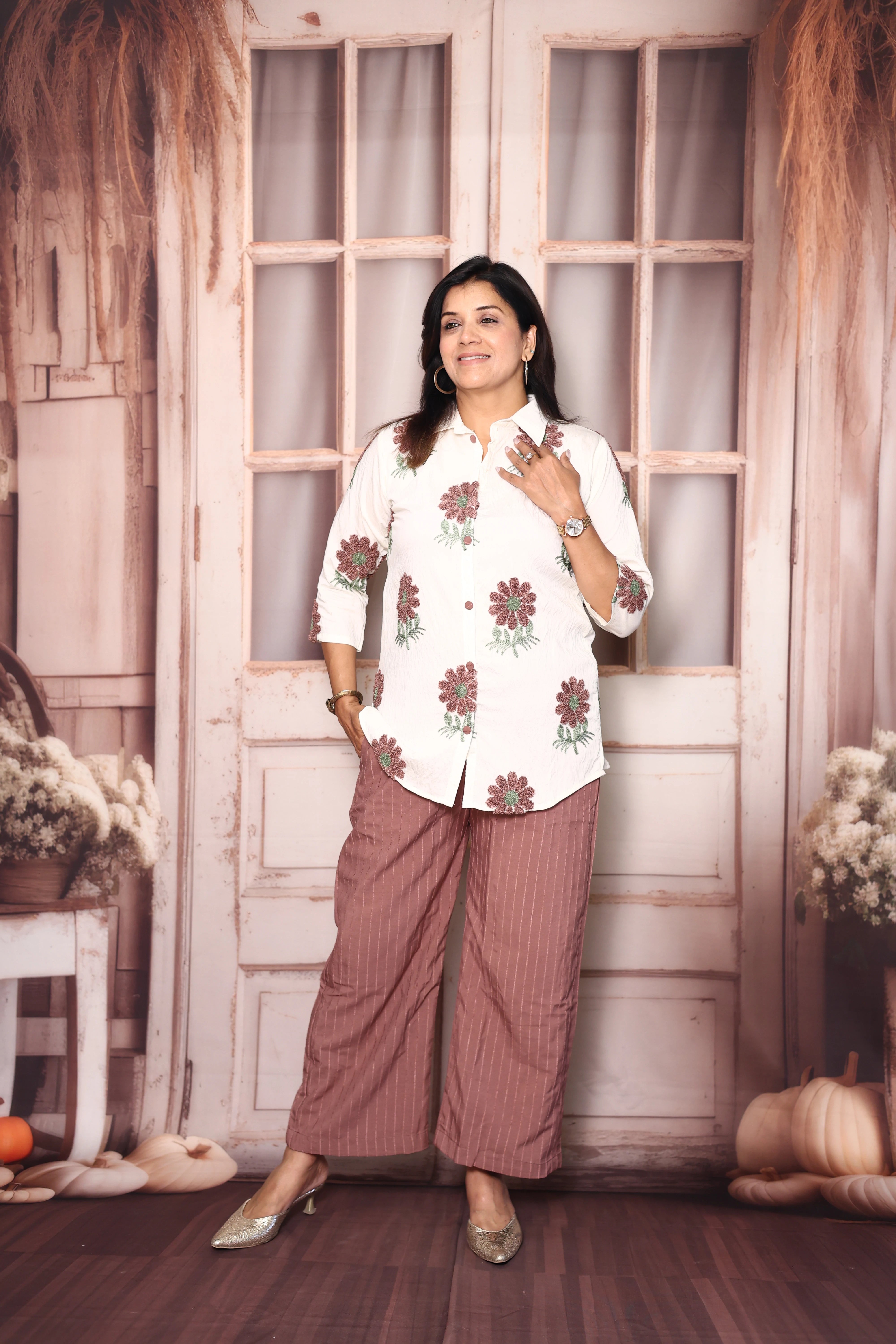 Off White & American Brown Co-Ord Set | Woollen Work Stylish Casual Wear