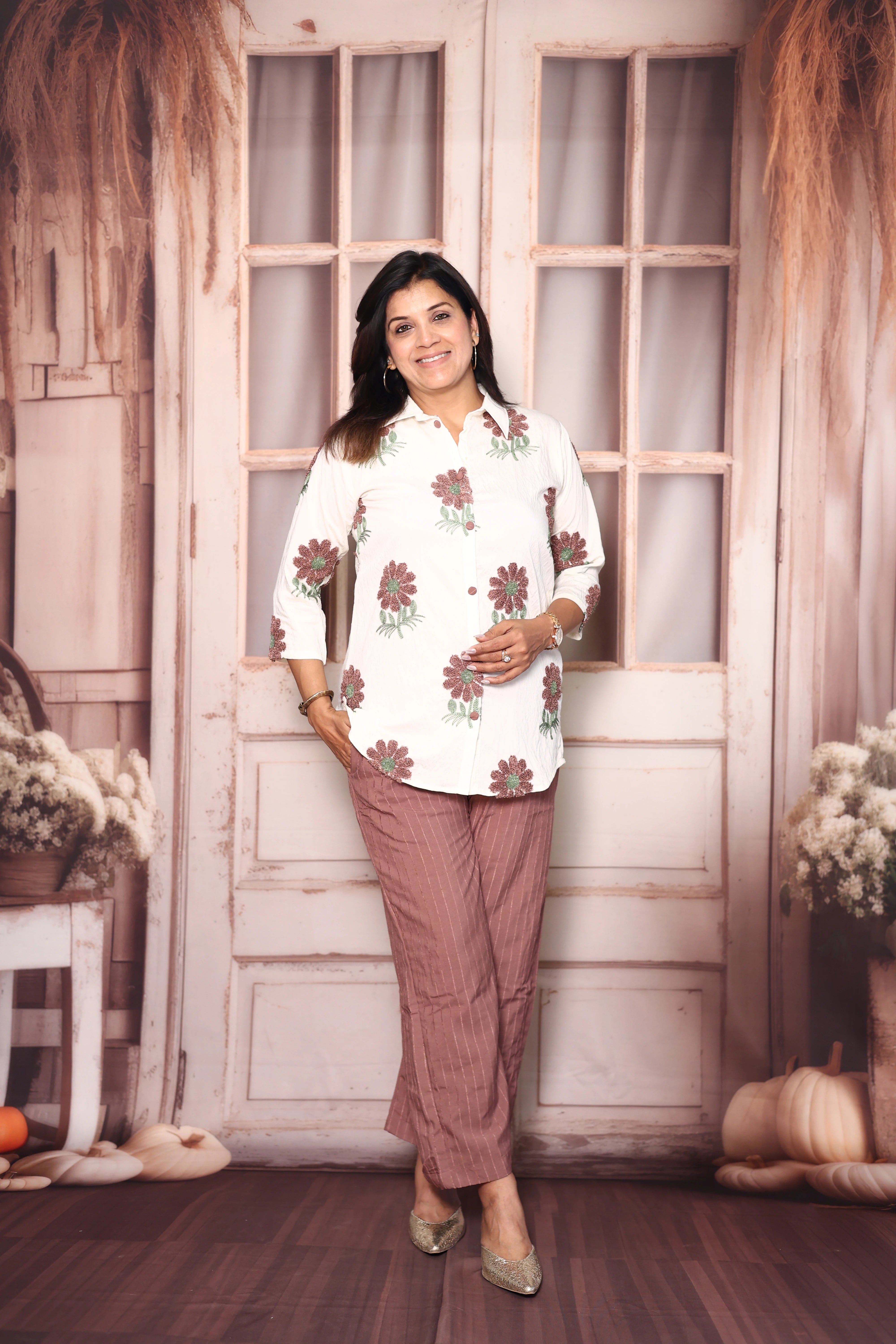 Off White & American Brown Co-Ord Set | Woollen Work Stylish Casual Wear