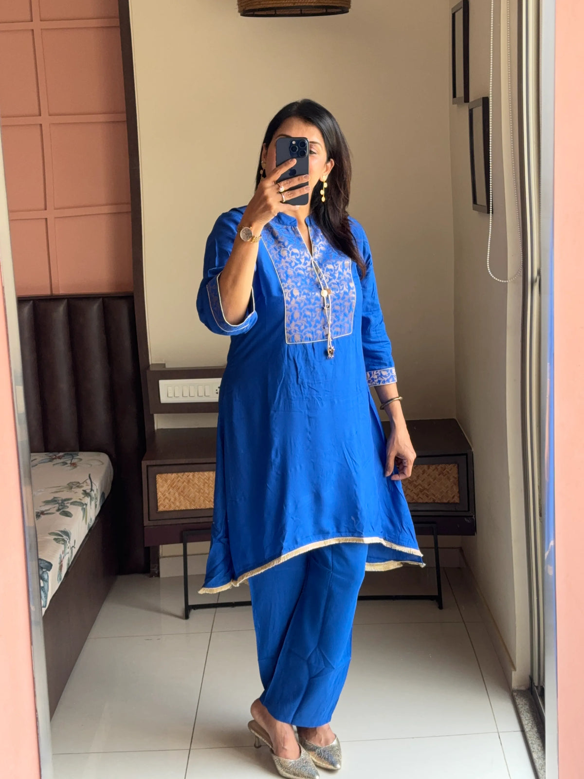 Royal Blue - Brocade Yoke Work Kurta Pant Set | Pure Muslin Silk