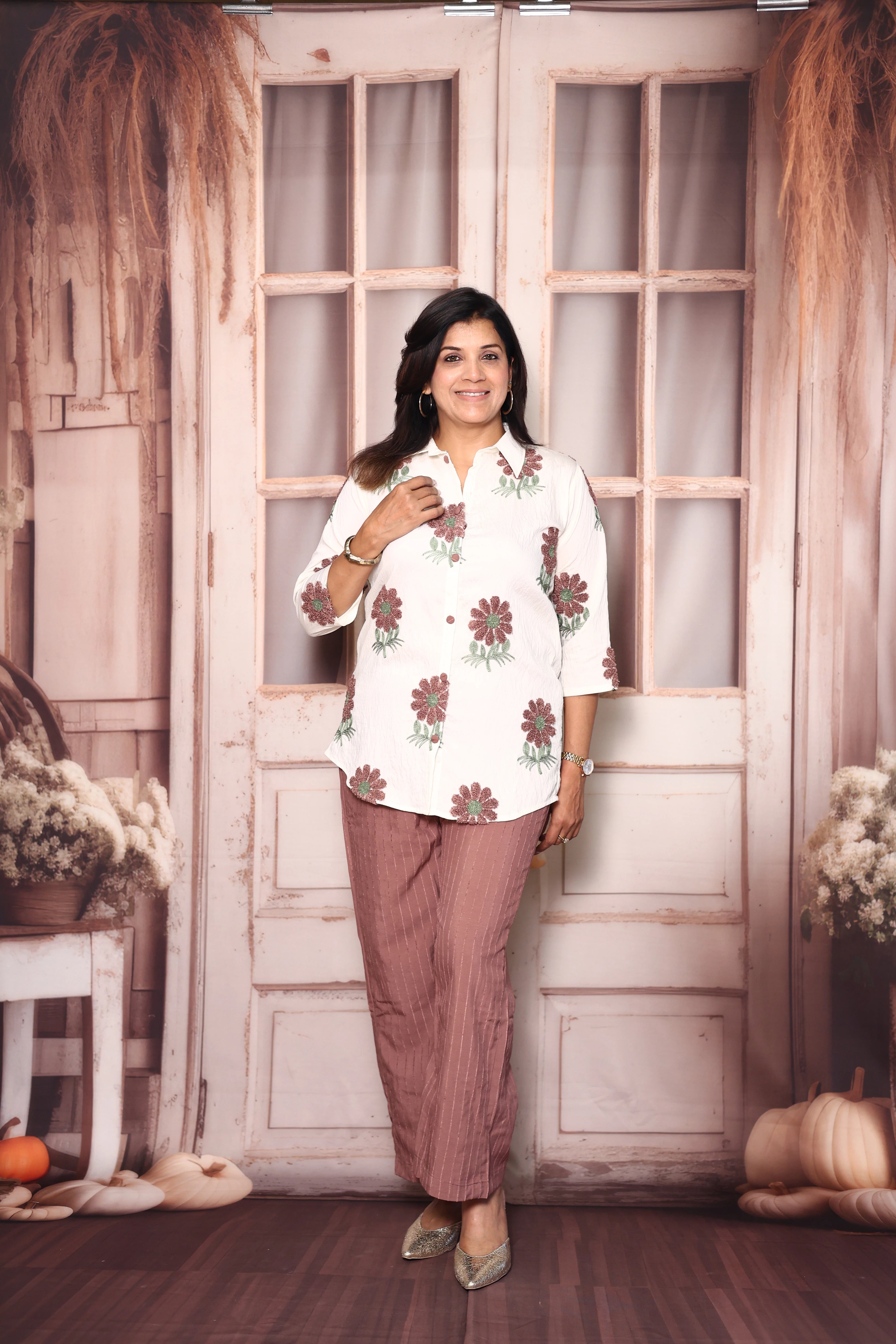 Off White & American Brown Co-Ord Set | Woollen Work Stylish Casual Wear