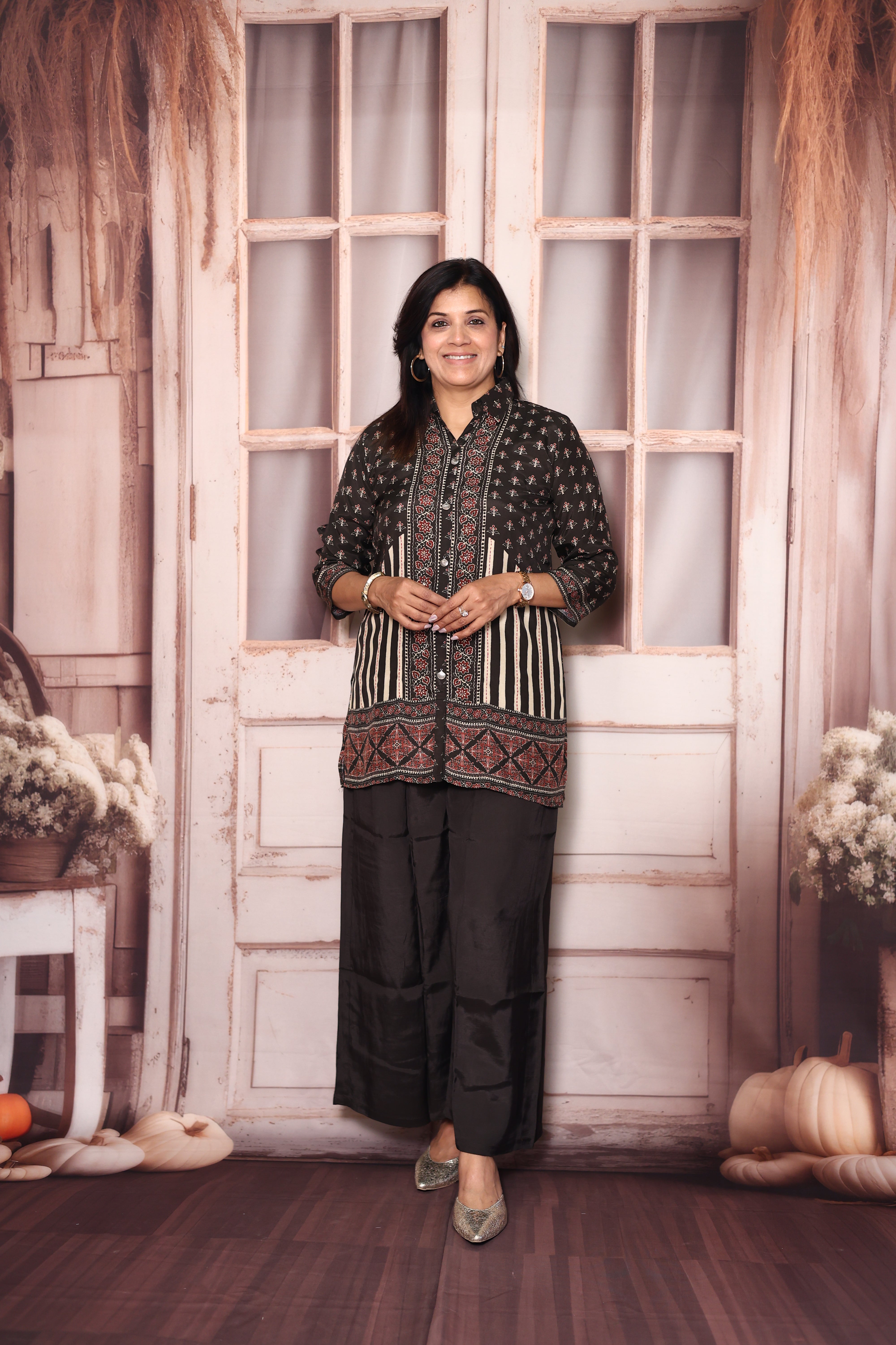 Black Kalamkari Print Collared Co-Ord Set | Elegant Crepe Indo-Western Wear