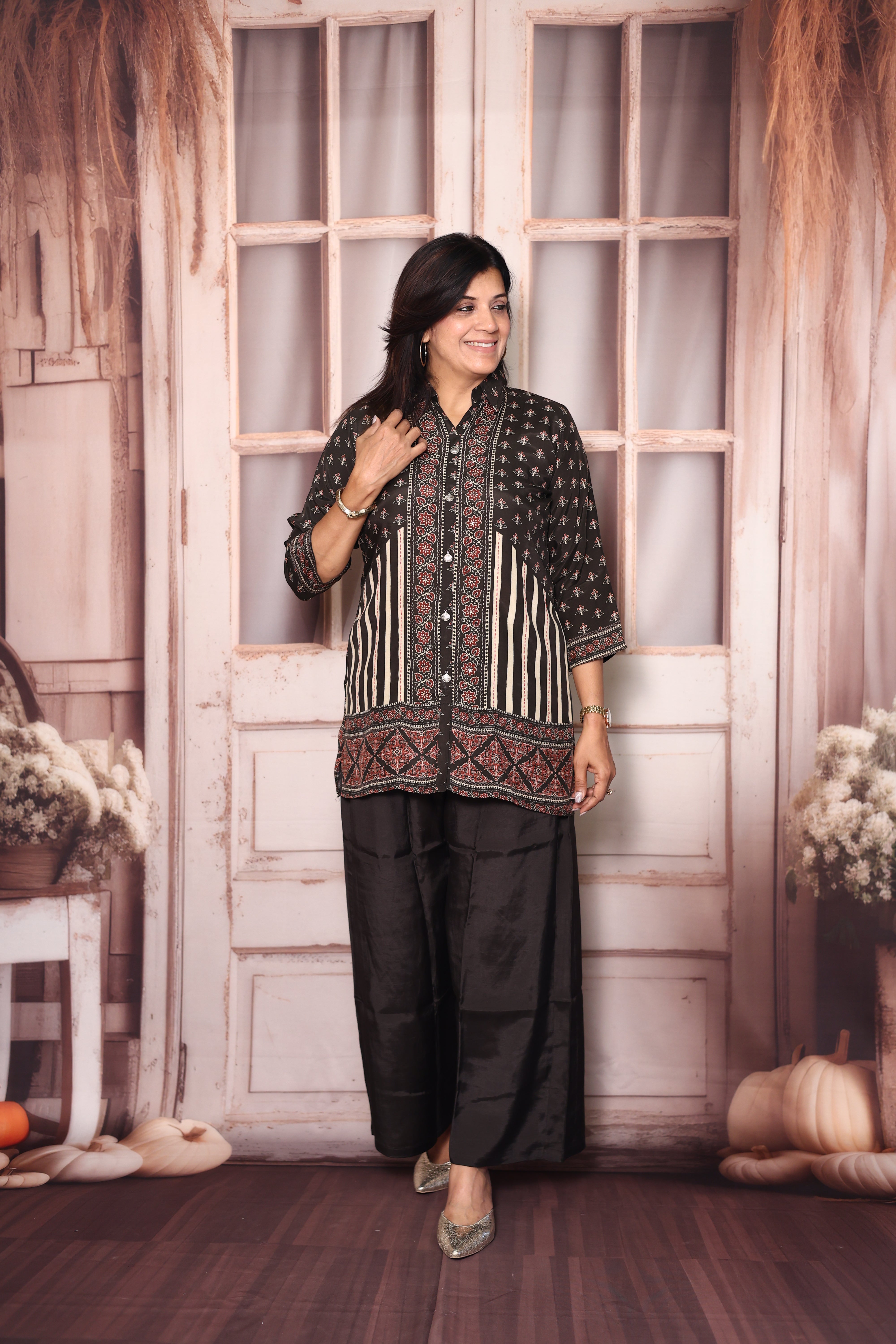 Black Kalamkari Print Collared Co-Ord Set | Elegant Crepe Indo-Western Wear