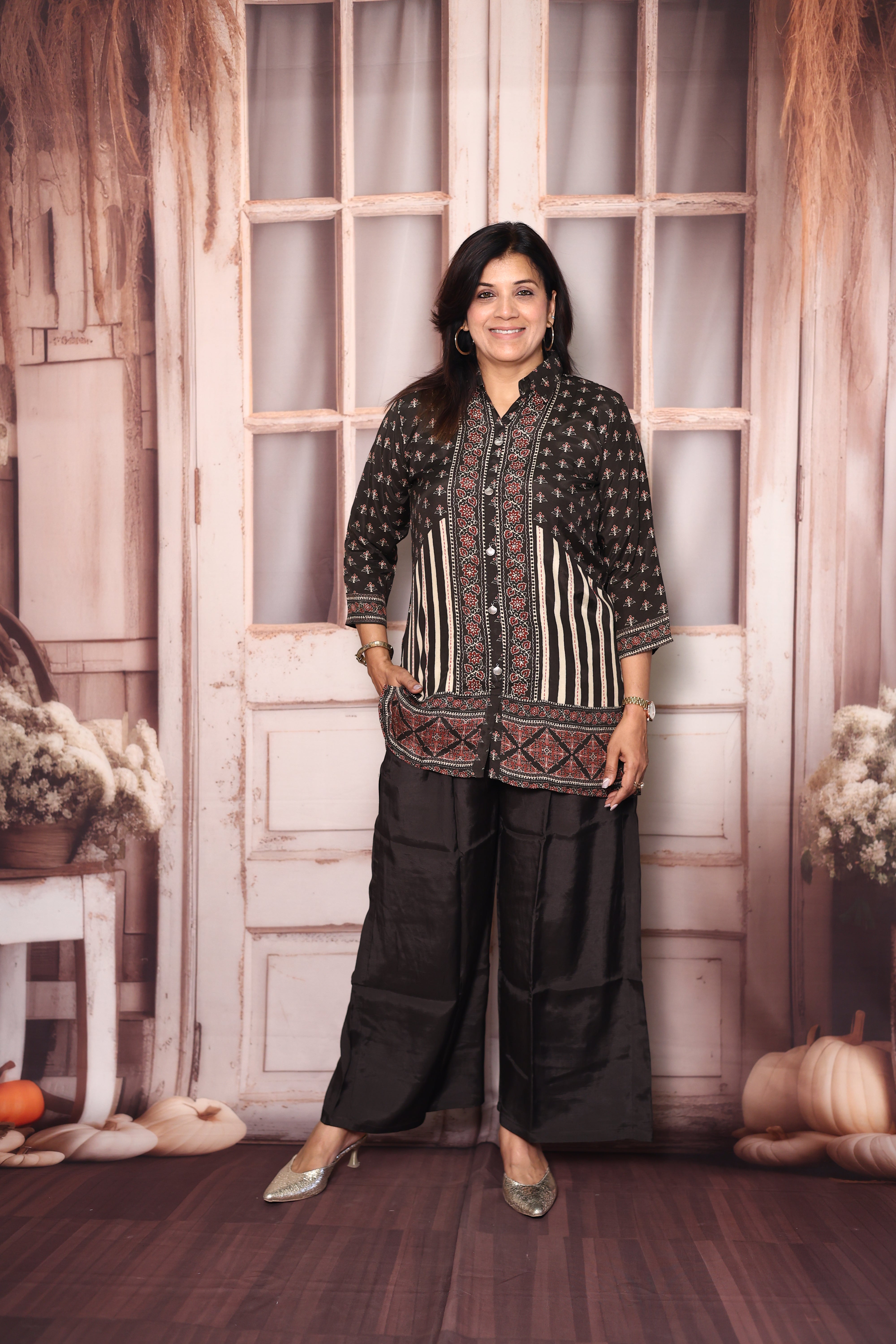 Black Kalamkari Print Collared Co-Ord Set | Elegant Crepe Indo-Western Wear