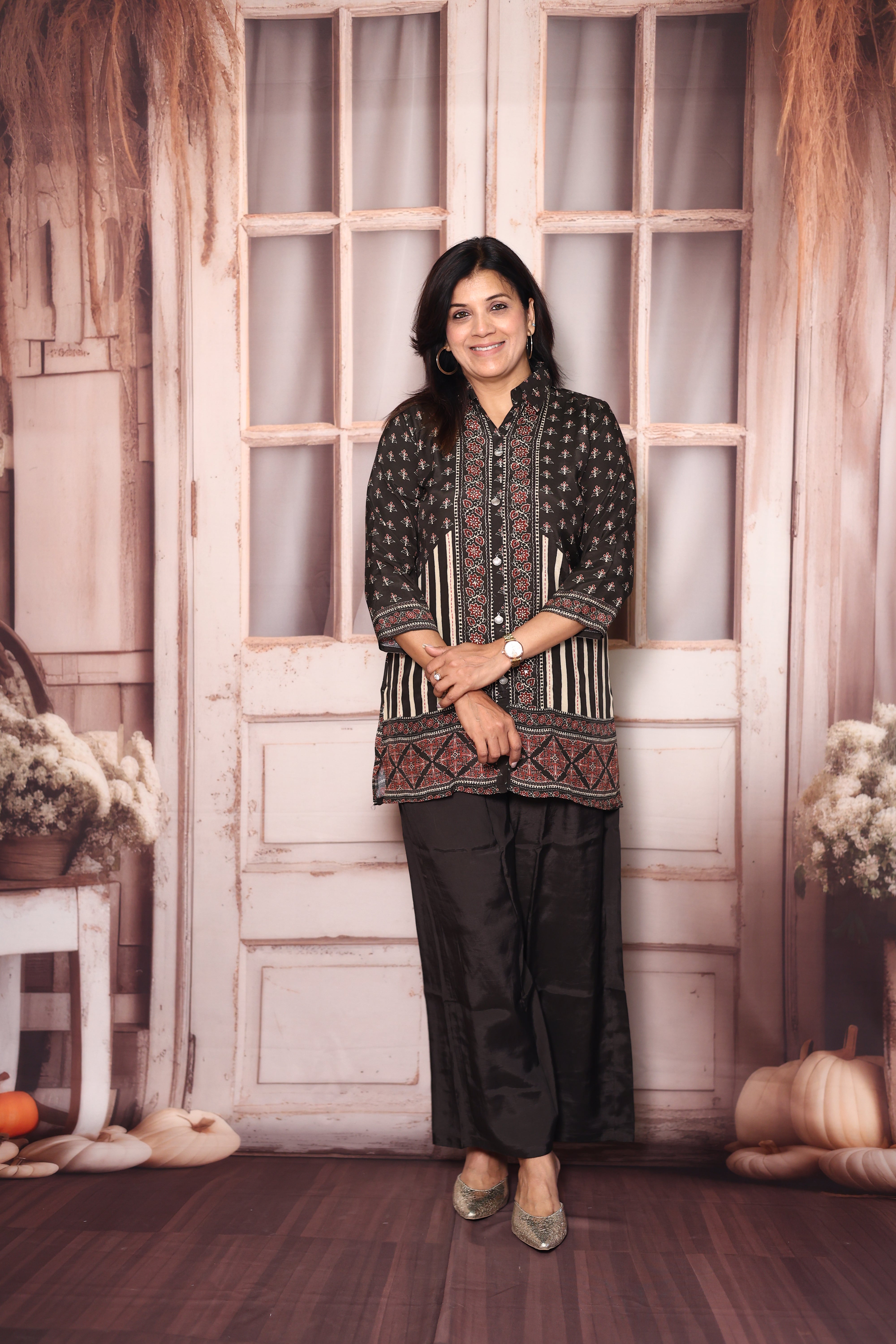 Black Kalamkari Print Collared Co-Ord Set | Elegant Crepe Indo-Western Wear