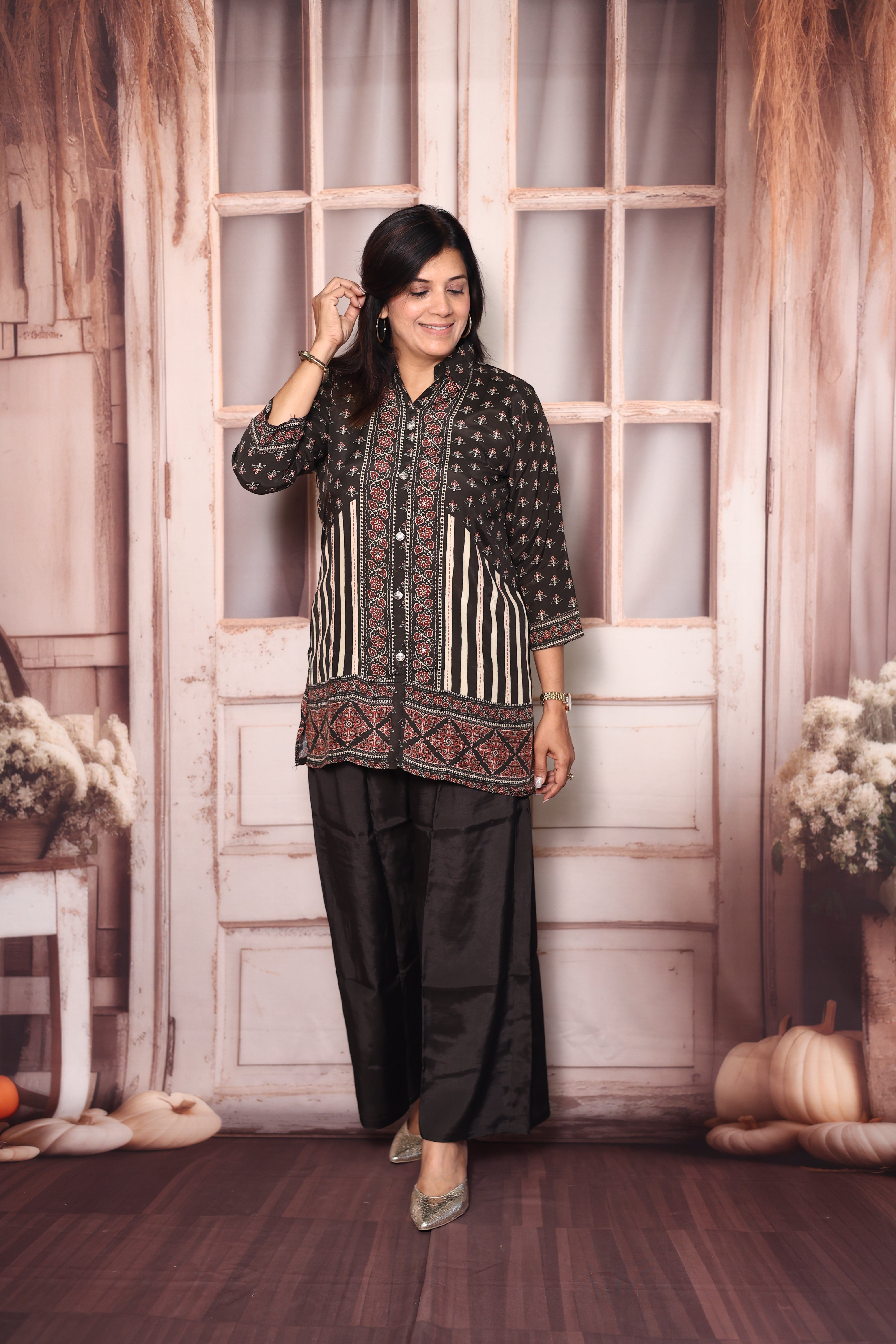 Black Kalamkari Print Collared Co-Ord Set | Elegant Crepe Indo-Western Wear